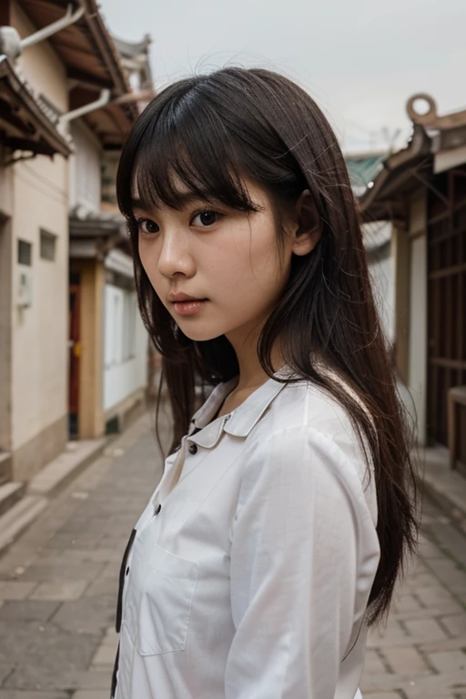 masterpiece, Highest quality, shape, Very detailed, Fine details, High resolution, 8k,wallpaper, Perfect dynamic composition,(High quality with attention to detail, Realistic depiction of eyes:1.3),  (Japanese woman standing in a dirty alley At night, Put your hands on your head,), Black hair color, Big Natural Color Lip,  Attractive face, Provocative look, Crying a little、Cold Stare, Japan&#39;s narrow and dirty back alleys、, At night, Full body photo、Focus on the crotch, Huge breasts　naked　Embarrassed laugh　The lights in the building are out　piece　Nagoya　Small areola　H cup breasts