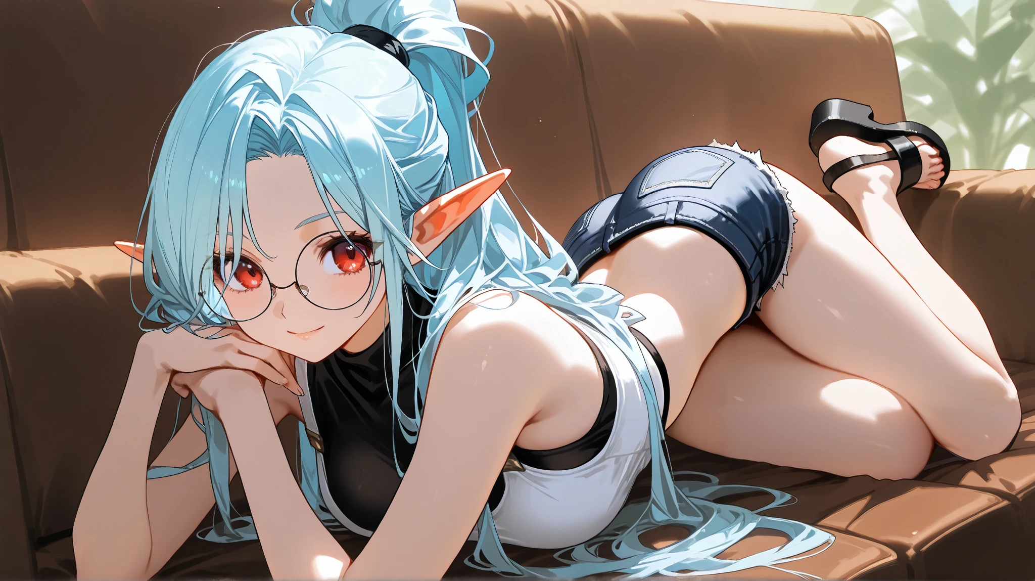 a girl , elf girl , cool beauty , youthful look , light blue hair , beautiful fine hair , long hair , hair tied in a ponytail on the right side , red eyes , oval glasses , open black jumper , white crop top , blue denim mini shorts , bare legs , black sandals ,  