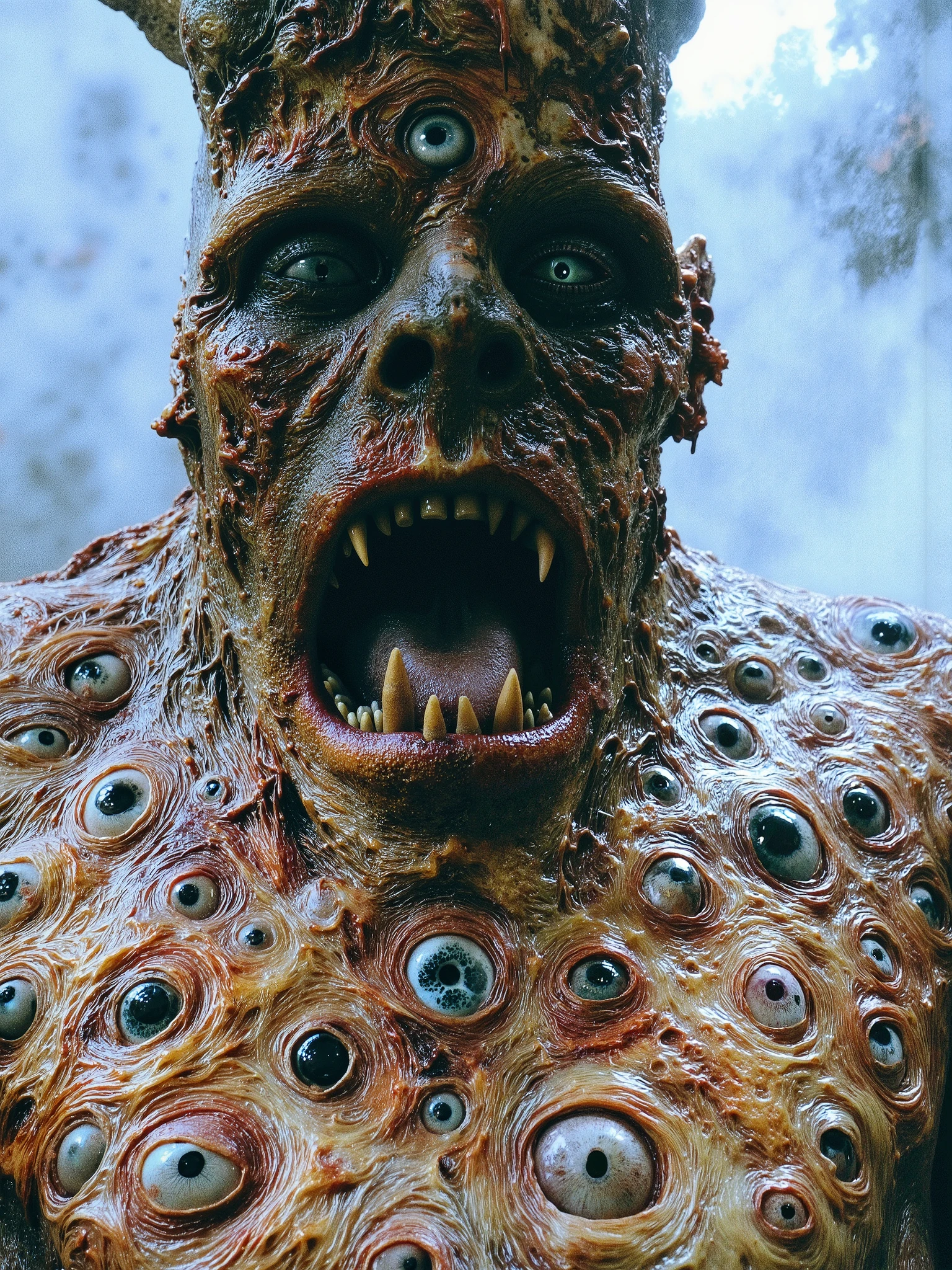 a monster made of eyeballs, highly detailed, photorealistic, 8K, hyperrealistic, dramatic lighting, gothic horror atmosphere, dark fantasy, inspired by Bloodbourne Darksouls Lovecraftian Eldritch, detailed eldritch horror, twisted and grotesque features, tentacles and writhing limbs, grim and unsettling expression, ominous medieval dungeon amphitheatre background swirling with eldritch plasma energies