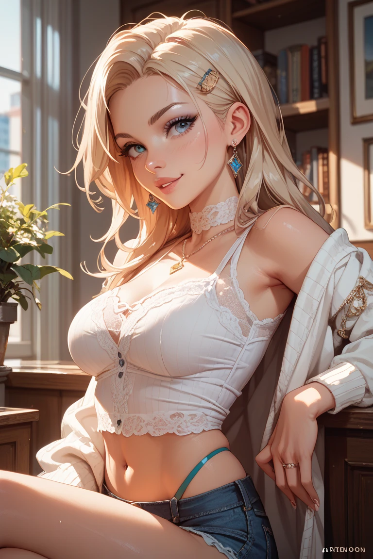 (Blonde stunning hair), (blue eyes), blue necklace, Golden earrings, Fit, Gorgeous Body, gorgeous, brown eyebrows, (two moles over lip), big pupils, (23 years old), 1girl,solo, complex skin, warm light, (large breasts), wide thighs, round butt, 5 fingers, ((blushing)), ((detailed face, best quality)), (masterpiece)), ((ultra-detailed)), (beautiful detailed eyes), red lip, eyeshadow, perfectly drawn body, beautiful face, long hair, very detailed eyes, intricate details in eyes, perfect lips, laying on bed, good lighting, in white crop-top and short black shorts, feet in frame