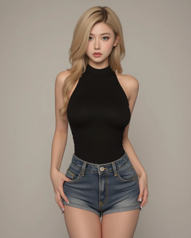 line-art, art book, design sheet, 8k, best quality, hoshino ruby, blonde hair, long hair, one side up, red eyes, mismatched pupils, star-shaped pupils, black tank top, jeans, cleavage