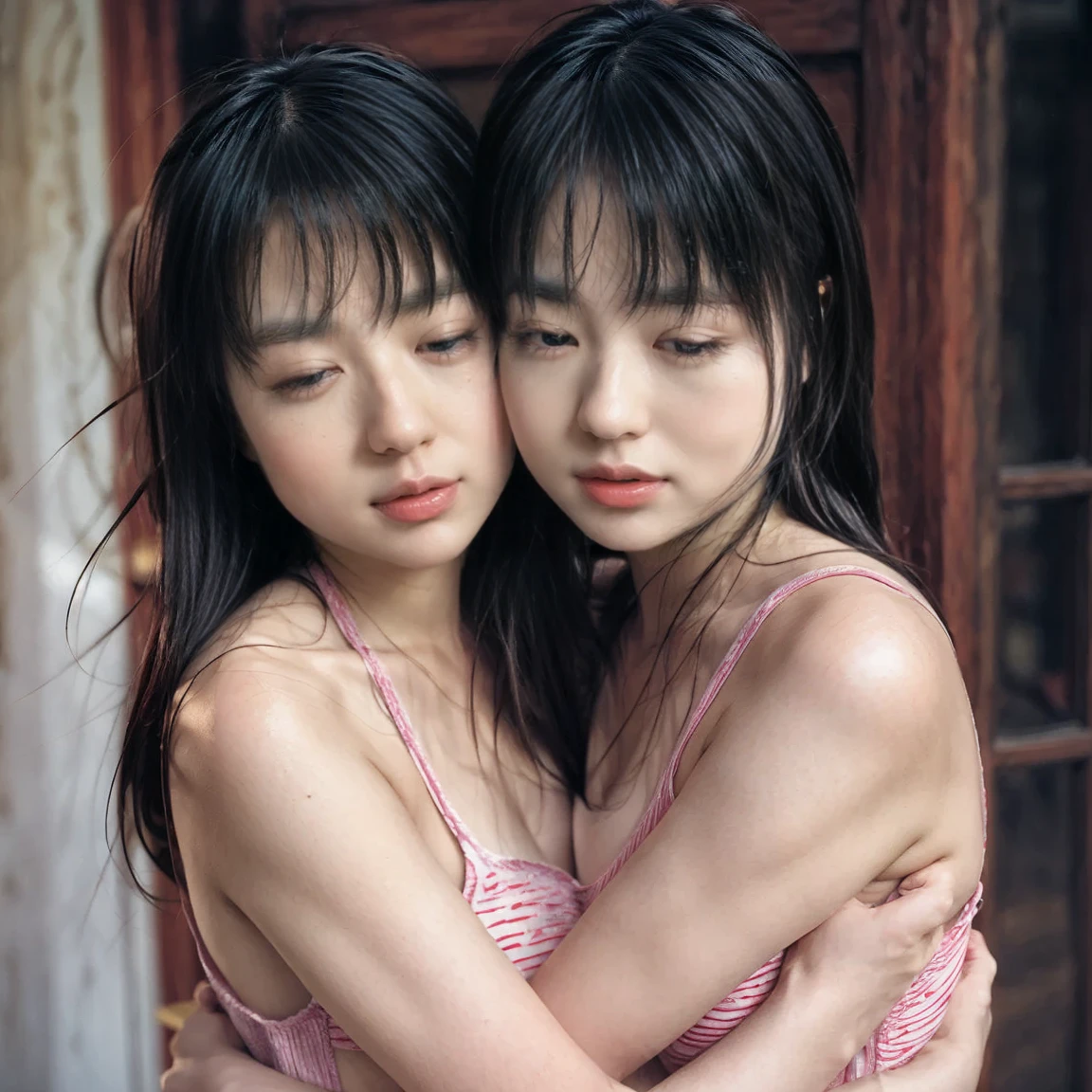 (superflat, flat shading, flat colors:1.1), (locker room), asian girls, young teen, (school uniform) , slim, small breast, dark hair, ((looking over a shoulder:1.4)), white panties, (mini skirt:1.1), (low angle:1.3). minimal detailing, limited vibrant color palette, serene expressions, peaceful introspection, subtle washes of pastel colors, modern Nordic design, understated elegance, simplicity and purity, tranquil atmosphere, digital painting, ultra fine, sitting, (spread legs:1.3), ((topless:1.4))

