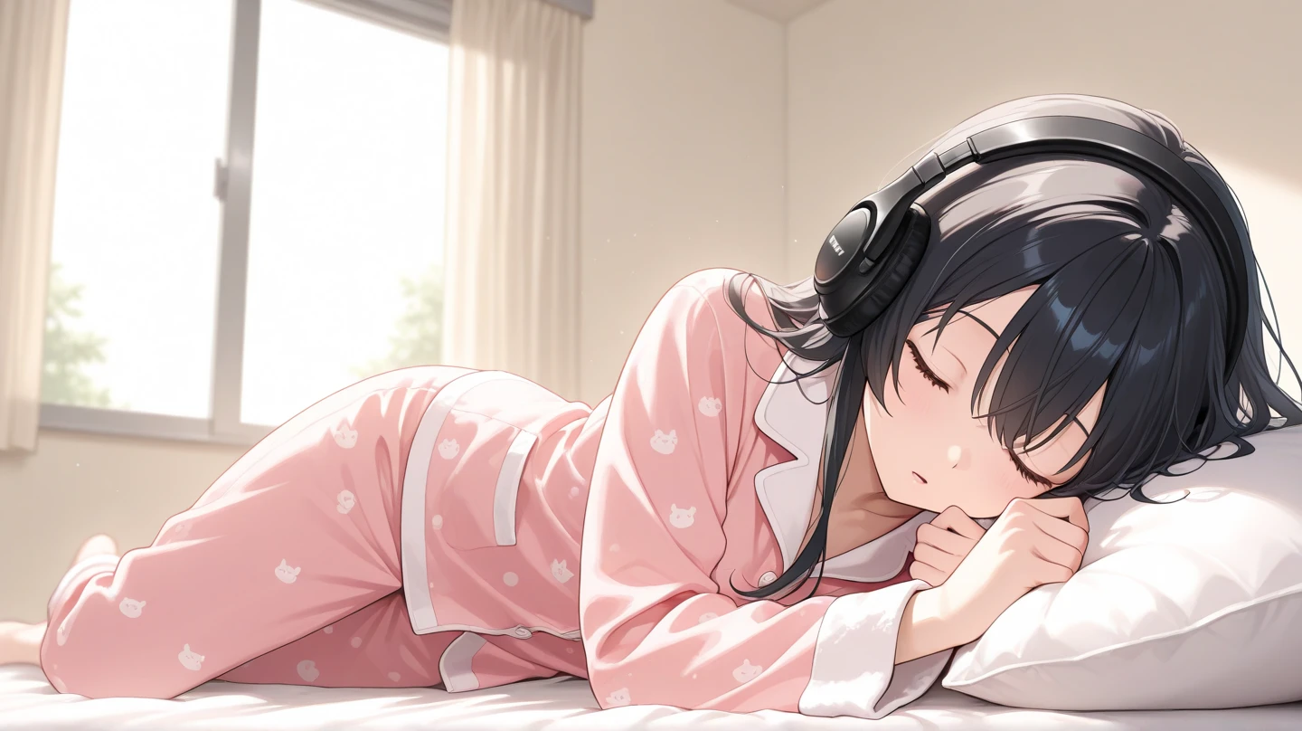 Girl with headphones enjoying music in a home I am studying Emphasize a little bit of the big chest Looking towards me with eyes closed Night Background