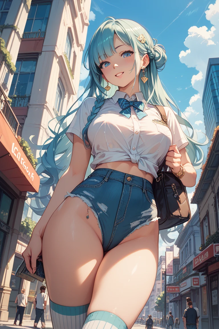 High resolution, high quality, Two women wearing white sailor suits walking down the street。, Two Girls, Anime Girls,Two-dimensional beautiful girl,Brown long hair, Brown eyes, Green glasses,heart shaped pupils,Sunburned skin,Super big breasts,beautiful breasts, (BIG ASS),beautiful ass,mini skirt,panties, underwear, (shiny light blue satin panties:1.3),(shiny light blue satin panties:1.3),Horizontal lace panties that cover the butt,liar, Knee socks, The wind is blowing my skirt away, Looking Back,Realistic,