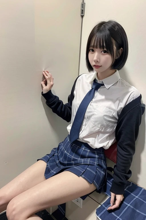 best quality, masterpiece, high res, 1girl, beautiful detailed face, squatting, school uniform,