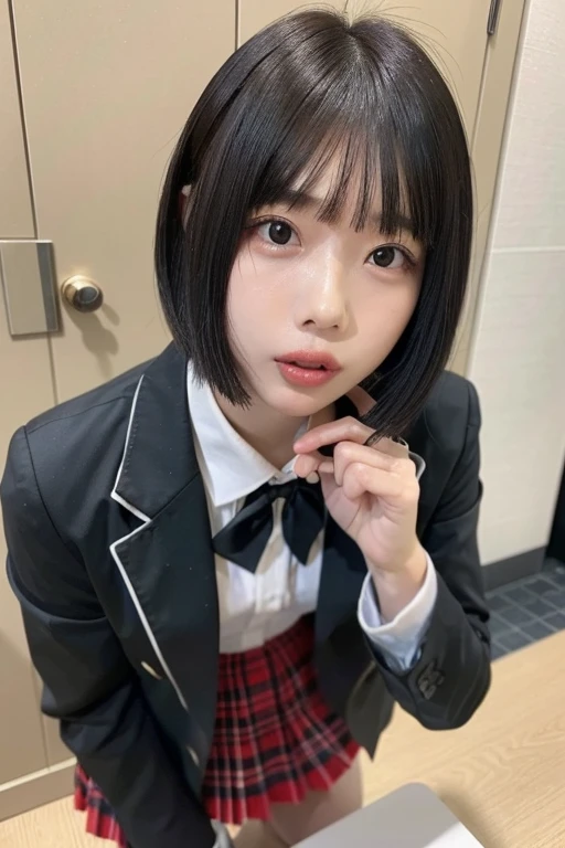 table top, highest quality, black eye、japanese id、(16 year old girl:1.5)、(embarrassed look:1.3) 、( disheveled uniform:1.5)、(cute pose:1.6)、()、(Smooth short-cut hair:1.7)、very white skin、letting down one&#39;s bangs、detailed body、detailed hands、no makeup,Landscape,smile