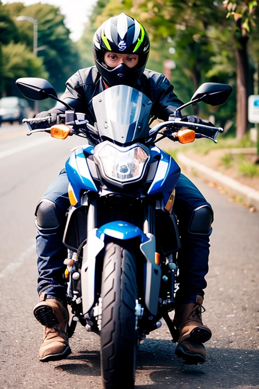 (Best Quality), Masterpiece, Ultra-high-resolution photos,1 Cute Girl, Big motorcycle ride, helmet, Ripped jeans, White sneakers, Motorcycles driving through the city at high speed, (slow motion: 1.3), (motion blur: 1.4), (Speed Line: 1.4), sense of speed, panning shot