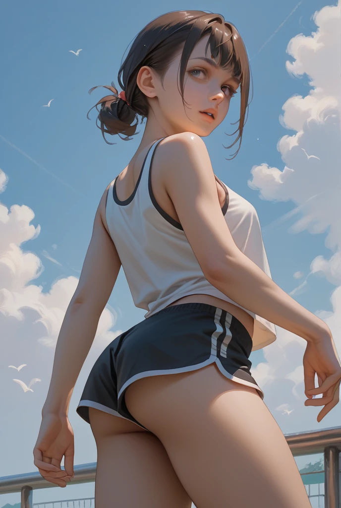 One girl, short t-shirt, skirt nike sneakers, big ass, perfect breast, slim, cute, sexy, very detailed, exquisite lighting and composition, , 8k, sharp, highly detailed, high resolution, looking back