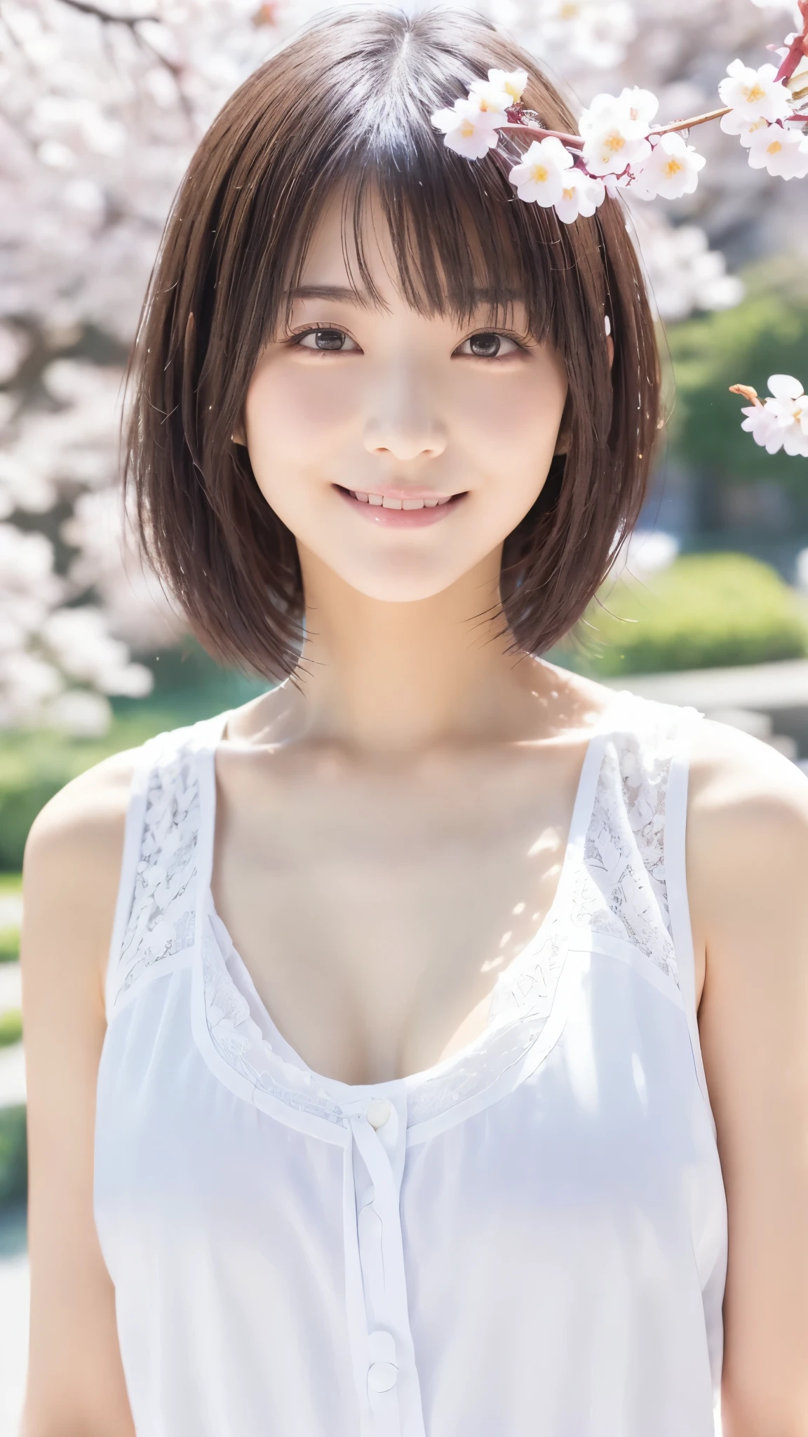 (highest quality,masterpiece:1.3,ultra high resolution),(Super detailed,caustics,8k),(photorealistic:1.4,RAW shooting),1 girl,sit,(smile),(looking down at the camera),20-year-old,cute,Japanese,natural brown middle hair,(white blouse),(lime green flared skirt),glamorous,(big ),(breast focus),grass,cherry blossoms,blue sky,sun,Natural light,(Lens flare),professional writing,(bust up shot),(Tilt composition:1.3),(low position:1.4),(Low - Angle:1.4)