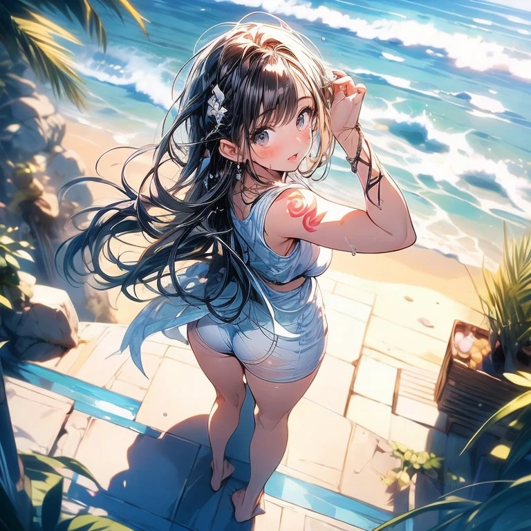 (girl lying on her stomach:1.4), (hands tied behind her back:1.4), (feet tied in the air:1.4), her feet and hands are connected by a rope