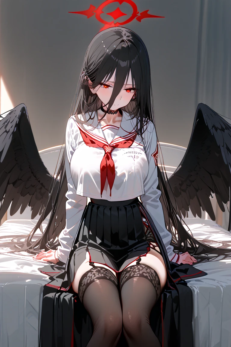 bluearchiveHasumi, Hasumi, black hair, hair between eyes, long hair, mole, mole on breast, mole under eye, (red eyes:1.5), wing, black wing, low wing, feathered wing, (big breasts:1.2),
break black choker, black serafuku, black skirt, black Thighhighs, garter strap, long sleeve, pleated skirt, , serafuku, side slit, skirt, Thighhighs, white collar, wheel sailor color,
break looking at viewer,
break indoors, classroom,
break (masterpiece:1.2), highest quality, High resolution, unity 8k wallpaper, (figure:0.8), (detailed and beautiful eyes:1.6), highly detailed face, perfect lighting, Very detailed CG, (perfect hands, perfect anatomy),