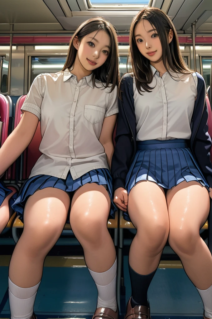 ((Highest quality)),  (detailed), 1 Japan, sexy、ass pov, school girl, in a train, sitting on a seat, (long seat:1.5), Beautiful Skin, Double eyelids, camel toe, navy pleated skirt, spread legs, (exposured panties:1.4), panty pull, blush, (smile:0.8), embarrassed, realistic