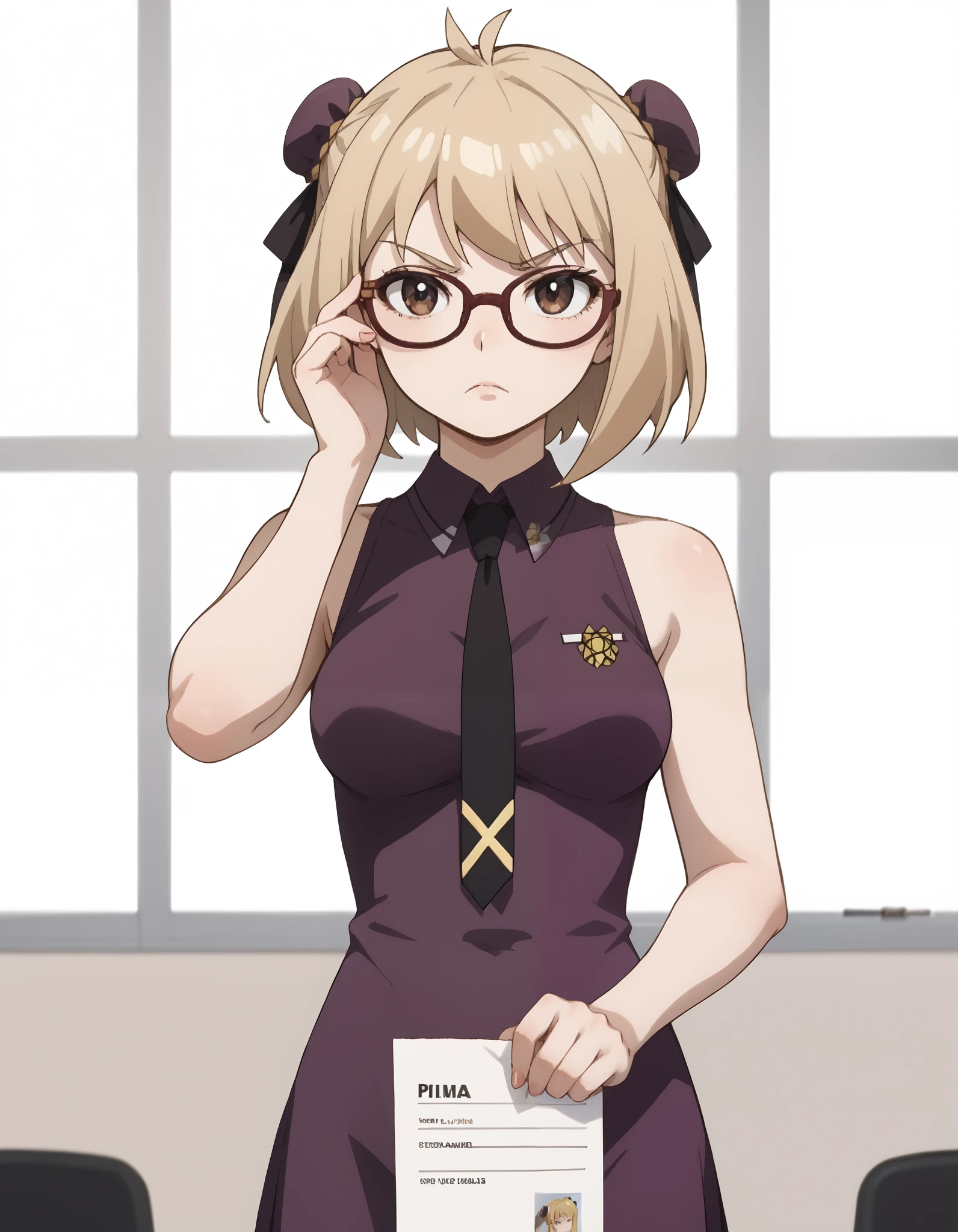 score_9, score_8_up, score_7_up, source_anime, solo, 1girl, long sidelocks, sidelocks, light Blonde Hair, brown Eyes, serious, glasses, halfrim15S, medium Breasts, bun covers, hair ribbon, Marin_Nijihara, double bun, inverted bob, short hair, adjusting_eyewear, third school uniform, wispy bangs, sleeveless purple dress, black x necktie, cowboy shot, indoors, office, paper piles