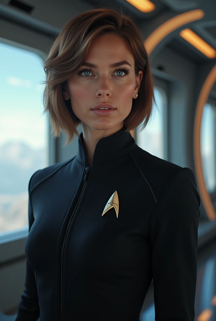 Realistic full-body photography of a mature Alien, It is considered one of the most beautiful races in the galaxy., With a seductive face, eyes and lips, bob-style hair mid-shoulder, some hair falls on half the face making them more beautiful to see, They wear sexy military uniforms tight to the body., They are in the Control Center of the intergalactic Space Station.. hyper-realistic photo, sharp, 10.