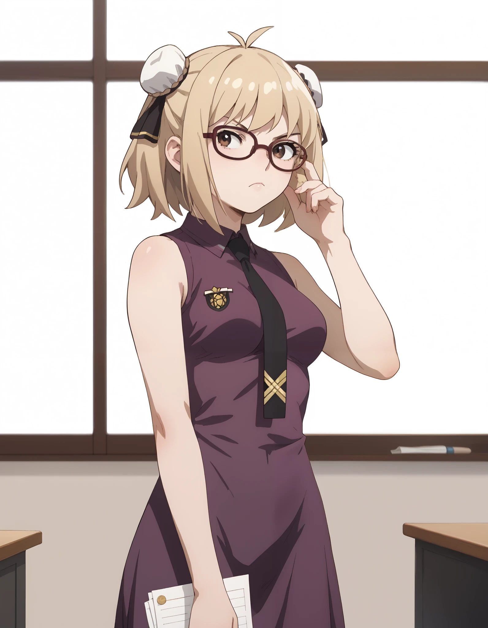 score_9, score_8_up, score_7_up, source_anime, solo, 1girl, long sidelocks, sidelocks, light Blonde Hair, brown Eyes, serious, glasses, halfrim15S, medium Breasts, bun covers, hair ribbon, Marin_Nijihara, double bun, inverted bob, short hair, adjusting_eyewear, third school uniform, wispy bangs, sleeveless purple dress, black x necktie, cowboy shot, indoors, office, paper piles