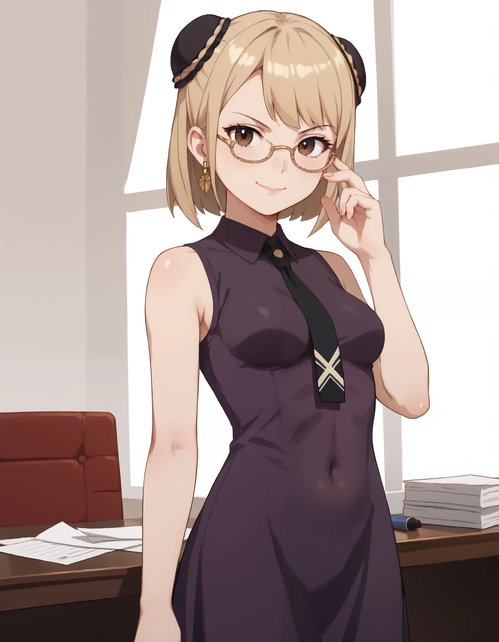 score_9, score_8_up, score_7_up, source_anime, solo, 1girl, smile, light Blonde Hair, brown Eyes, serious, glasses, halfrim15S, medium Breasts, bun cover, ibaraki kasen, double bun, inverted bob, short hair, adjusting_eyewear, third school uniform, wispy bangs, sleeveless purple dress, black x necktie, cowboy shot, indoors, office, paper piles