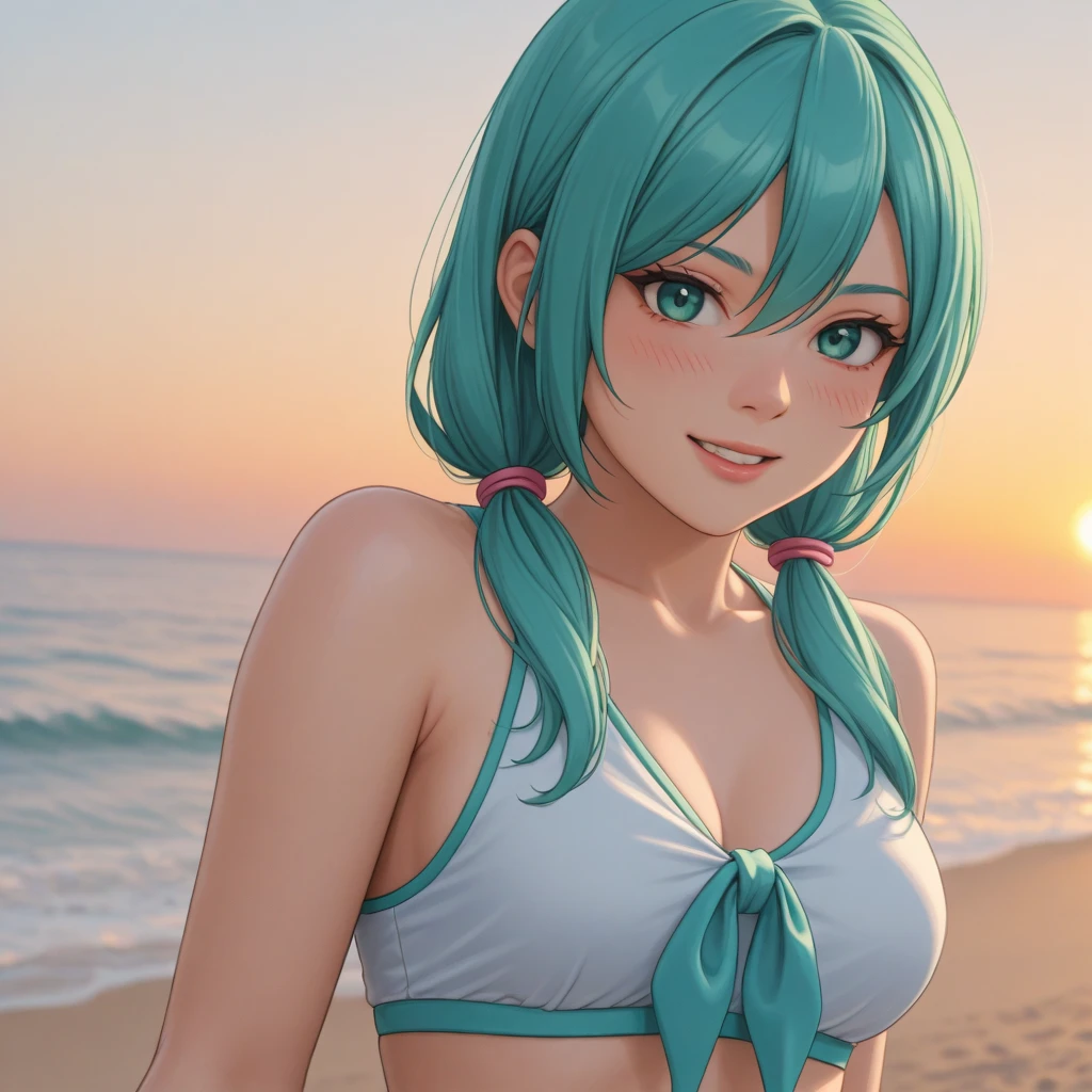 absurdres, high res, ultrasharp, 8K, {masterpiece}, expressive eyes, extremely detailed, best quality, perfect face, 1 girl, LEVY MCGARDEN, (BROWN EYES:1.35), BLUE HAIR, SHORT HAIR, SIDELOCKS, {yellow hair band}, hair flower, medium breasts, pleased, beach, bikini, upper body,