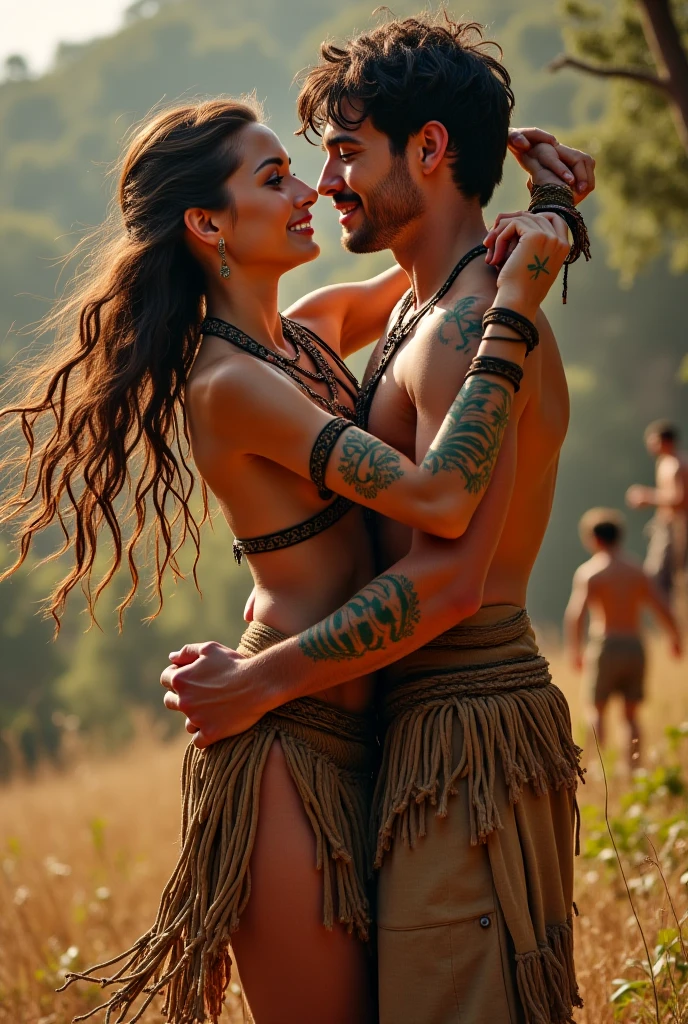 Indigenous Arizona tribe with strong Indian features with feathers on his head naked having sexual relations having sex with a woman actress from the twenties with short hair naked in a lake
