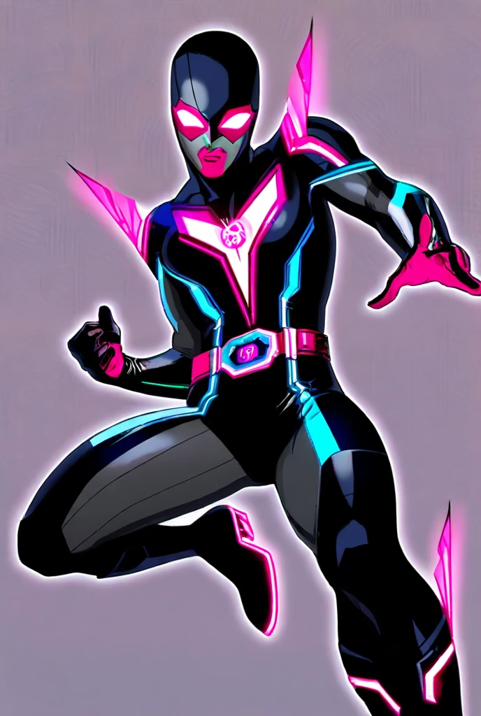 a young hispanic wrestler with a mask that only shows his eyes, su torso al descubierto, long black latex wrestling pants with pink claw designs, posa con confianza en el ring.