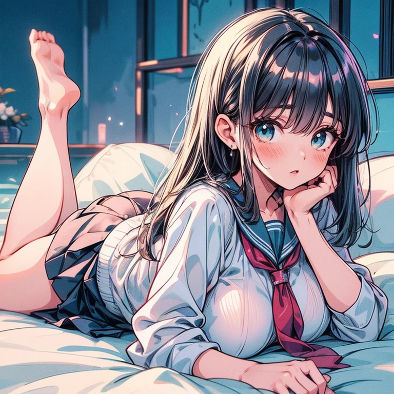 Highest quality(8k)masterpiece、Time is midnight(2.0)Lying on the bed by the window、Clothing is high school uniform(1.8)The night view can be seen from the window(1.8)、A room with very large windows in a high-rise apartment(1.8)The room is dark(2.0)、、One girl、A cat、Very cute、Best Style、Hairstyle(Leave it to us(1.8))The room is typical of a high school girl.(1.8)、There are no curtains、17age、Firm and refreshing々Fresh skin。Plump legs、eye(Super detailed 1.8)Wearing makeup(2.0)、窓から見える夜景はSuper detailed(1.8)Black Stockings(Decal20)(2.0)