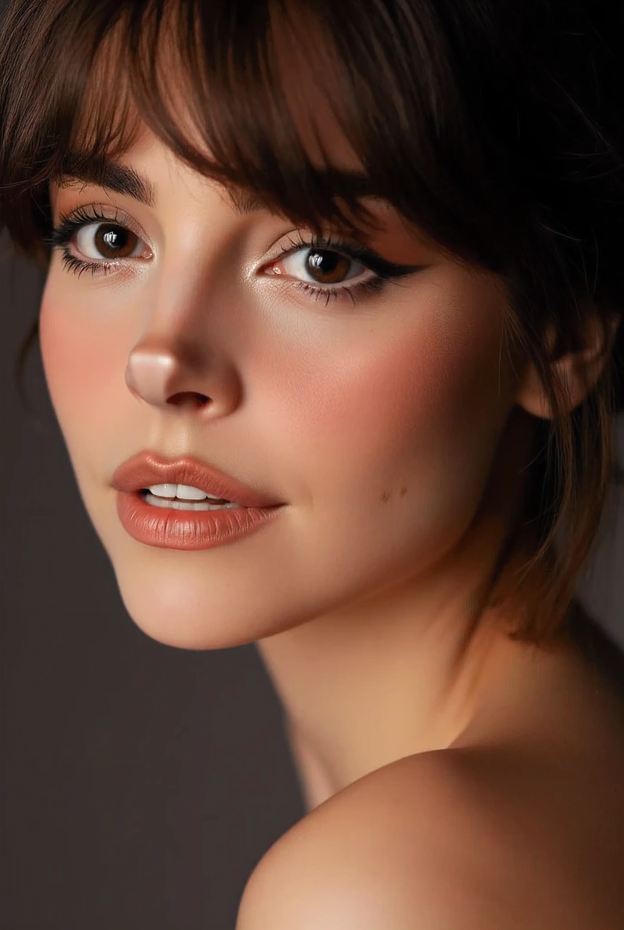 a close up shot of a brunette's face, detailed facial features, warm expression, serene posture, medium skin tone, delicate jawline, high-resolution,professional portrait,studio lighting,high-quality,ultra-detailed,(photorealistic:2),(natural skin tones:2),vivid colors,shallow depth of field,cinematic,dramatic lighting,(bad anatomy:0.3),(extra fingers:0.3)
