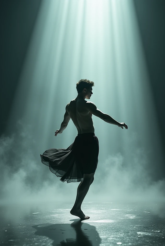 create a conceptual photograph of a very black man painted with black paint, with a shaved head and dancing and wearing only a full and tight tulle skirt like a black ballerina, dark background, with direct light on the man. jumping floating