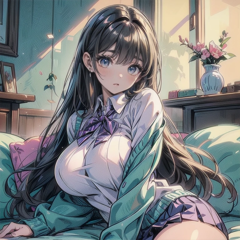 High Resolution, Best Quality, Masterpiece, Ultra High Quality, Ultra Detail, Ultra Realistic, 3D, Anime, Illustration, Troubled Face, Solo, ((Beautiful Student Short Skirt)), Sitting Upright and Touching Her Hair, (Looking at the Camera), (Background Blur))), Bare Feet, (((Cotton Underwear)), Large Breasts, Front Shooting,