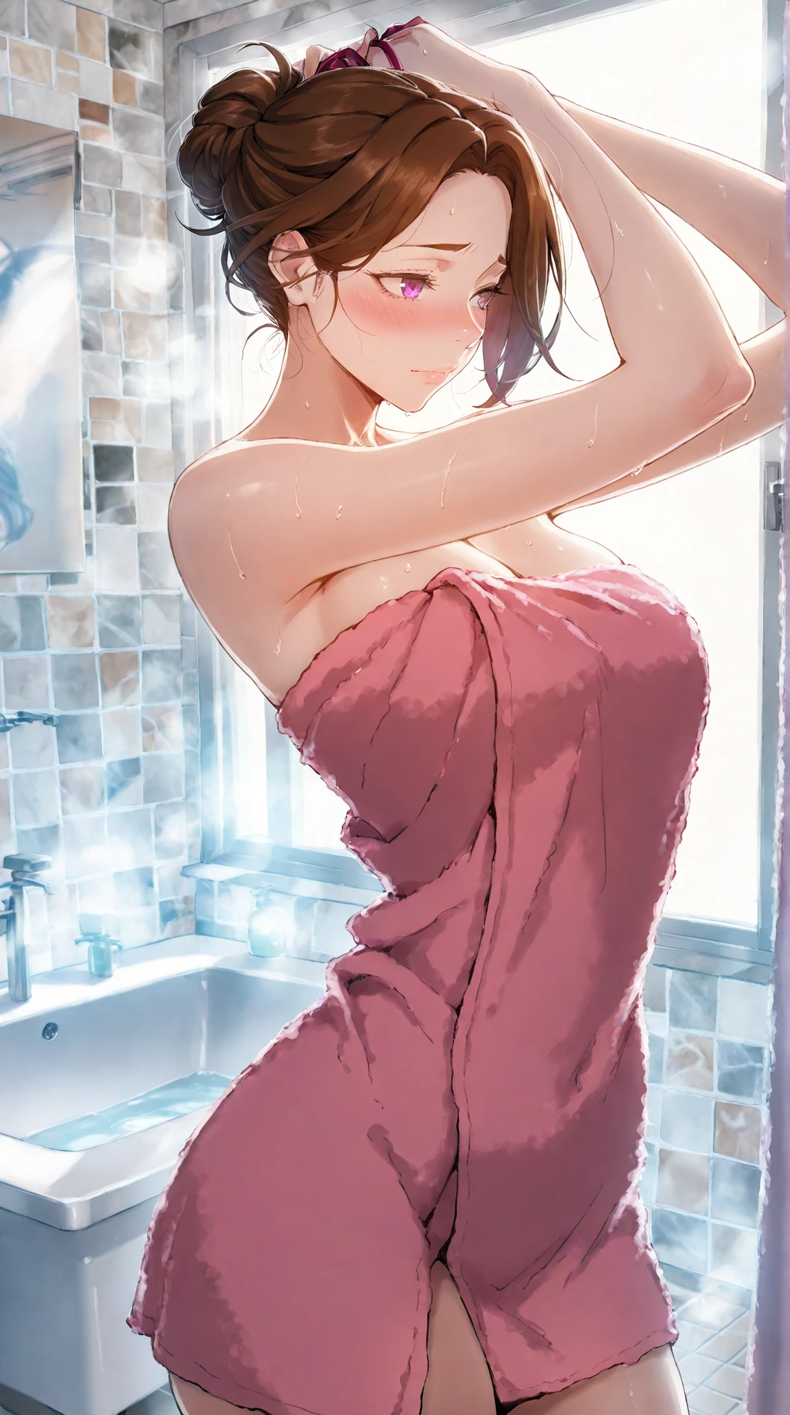 Masterpiece, 1milf, ERO404 style, brown hair, mature female, purple eyes, short hair, single hair bun, (thick eyebrows:0.7), dynamic lighting, ultra detailed, highres, absurdres, home,stunning visual cg, (shy demeanor, bathroom, bath towel, tying hair), medium shot, pink towel.