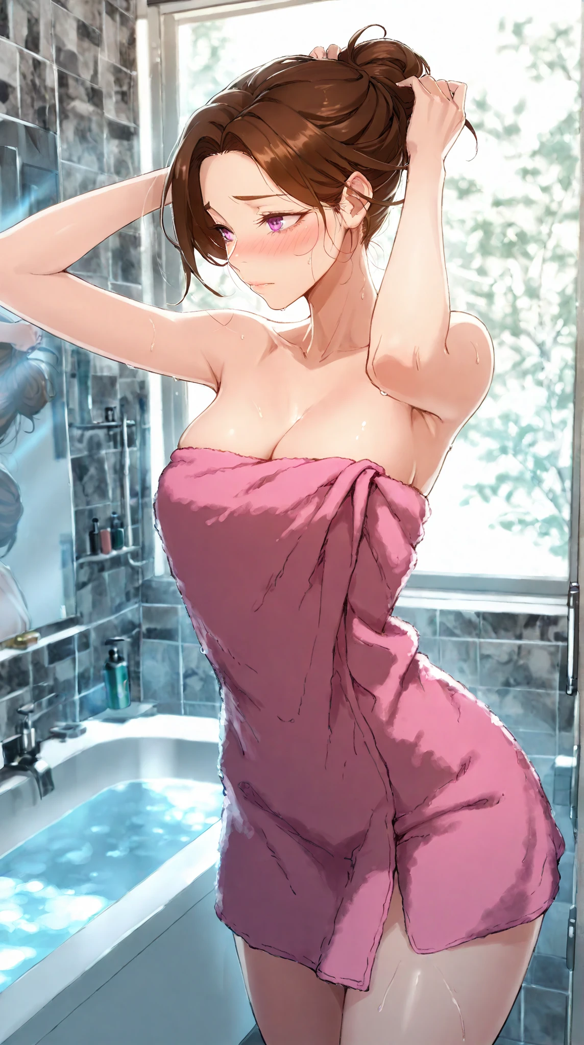 Masterpiece, 1milf, ERO404 style, brown hair, mature female, purple eyes, short hair, single hair bun, (thick eyebrows:0.7), dynamic lighting, ultra detailed, highres, absurdres, home,stunning visual cg, (shy demeanor, bathroom, bath towel, tying hair), medium shot, pink towel.