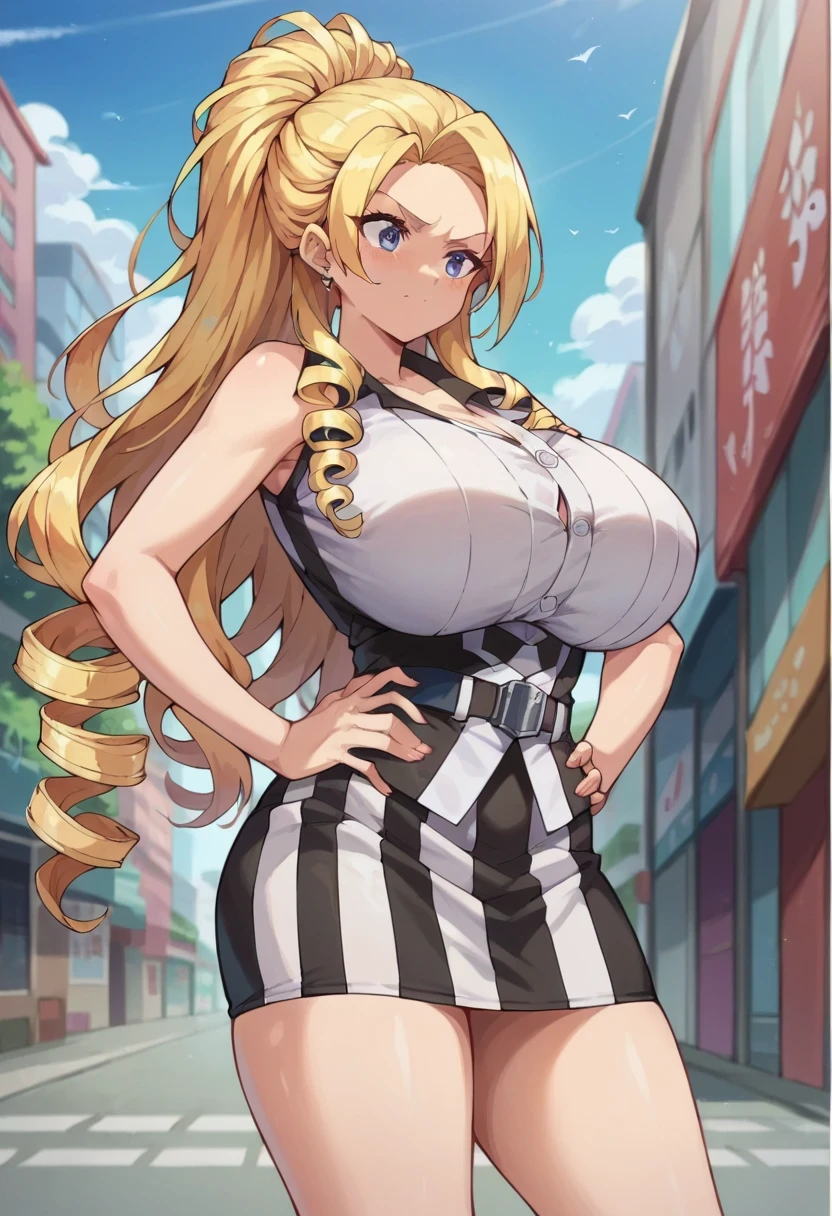 ((1girl)), ((alone)),shushu suruga, ((extremely detailed CG unity 4k wallpaper)), (masterpiece), (ultra quality), (ultra detailed), (best illustration), (best shadow), (extremely detailed), looking at viewer, (absurdities), (detailed background), curvy body, dynamic pose, cowboy photo, medium breasts, medium waist, wide hips, wide thighs, round butt, ((blonde_hair , short_hair, 1 girl, green_eyes, solo, headband, bangs, big_breasts, black bow, black headband, blue jacket, t-shirt, abdomen, denim shorts, ,)),smile, closed mouth)), standing, cowboy photo , backlight, ((only)), ((standing: 1.4, outdoor, park, cityscape, trees, (stoic, blushing, sexy expression, closed mouth, sexy pose), looking forward, ((focus on breasts ), point of view: (from above), perfect anatomy, perfect hands,