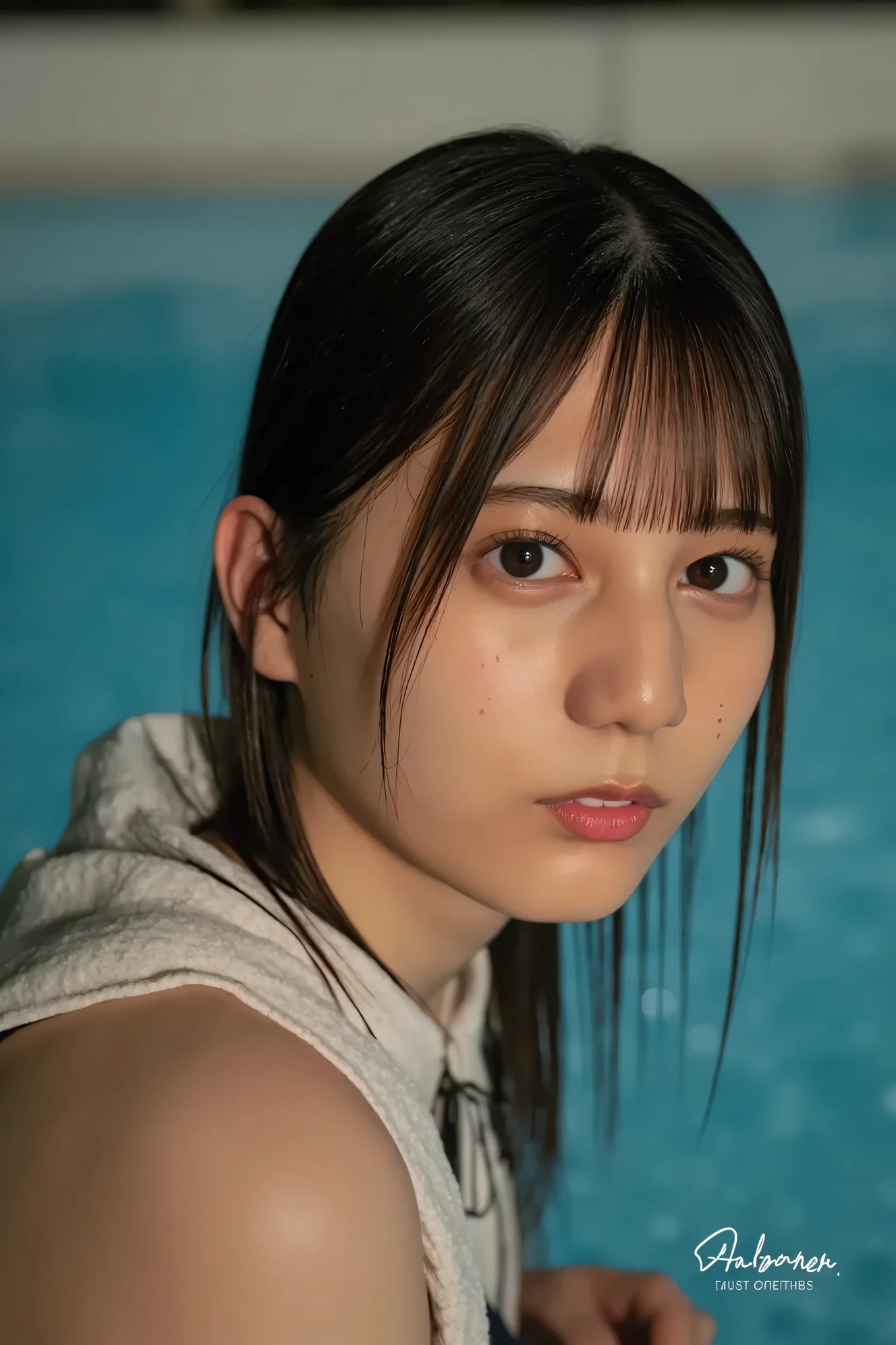 ((( High Resolution , top quality, very well detailed, masterpiece ,  highly detailed photos , realistic , Real people , Ultra precise skin ))) ,    , (   from the front  ) , full body ,  Advance Shot ,  Viewer , ( cool face ) , { wearing the swimming clothes that is the sexiest : 1.8 } , black hair ,   medium hair , medium breasts , focus on the face , chest and hip  , (( tuck hair behind the ear : 1.8))  , { nsfw }   ,  In the night pool  ,  water drop  ,  the hair and body is wet