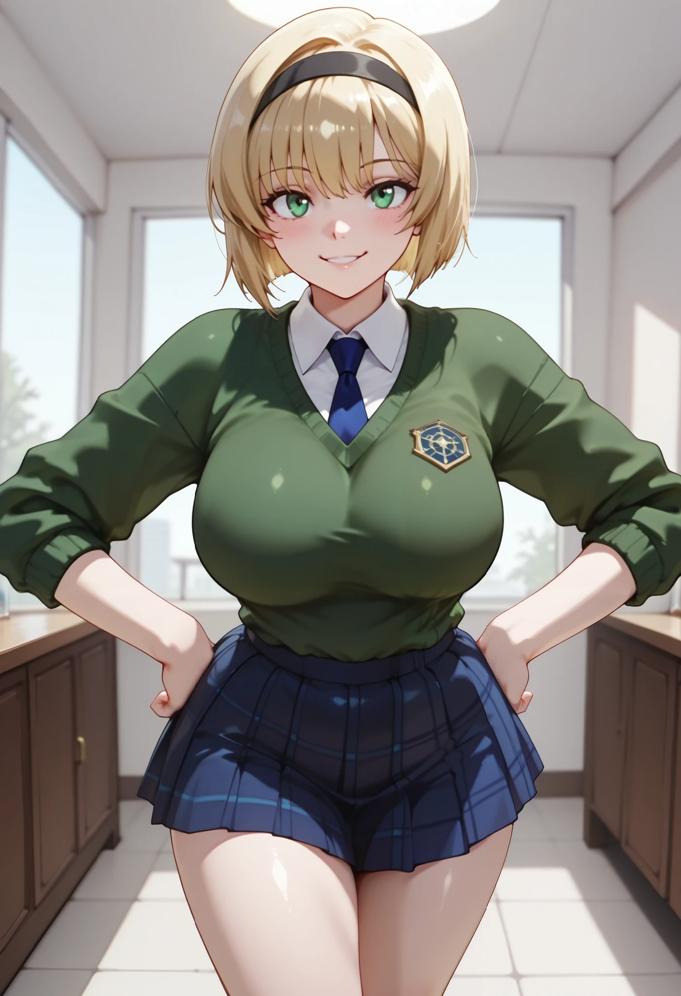 (dynamic angle, wide view, wide-angle lens, extremely detailed, CG, 8k Amazing, finely detail)), (intricate details, depth of field), 8k UHD, (masterpiece, best quality), ((amazing quality,very aesthetic,absurdres,best quality,newest, masterpiece)), ultra detailed, best quality, beautiful face, perfect anatomy, anatomically correct, athletic sexy body, Expressiveh, (cute face, cute body))), ((happy girl, proud to show her body)), ((((Miki H, blonde hair, bobcut, short hair,bangs, green eyes, black hairband, large breast, withe collared shirt, green sweater,blue necktie, sleeves rolled up, plaid pink skirt, white socks))), ((large breasts, slim sexy body, curvy hips, seductive pose, flirting, naughty face, blush)), (((looking at viewer, happy smile, joy, cowboy shot, dynamic pose)))), curvy, toned, athletic, standing, hands on hip, (((seductive pose, sexy pose, cowboy pose)), indoors,((hourglass figure)), ((pinup pose, seductive pose,dynamic pose, seductive), ((precise face and eyes:1)) , ((looking at back, full body shot, hourglass figure, wide hips)))), fantasy, outdoors, ((highly detailed, highres, 8k, uhd, High Dynamic Range, tonemapping, crisp details, intricate details, fine details)), ((highly detailed skin texture, finely detailed hair, perfect face, perfect body, perfect hair, perfect anatomy, portrait))