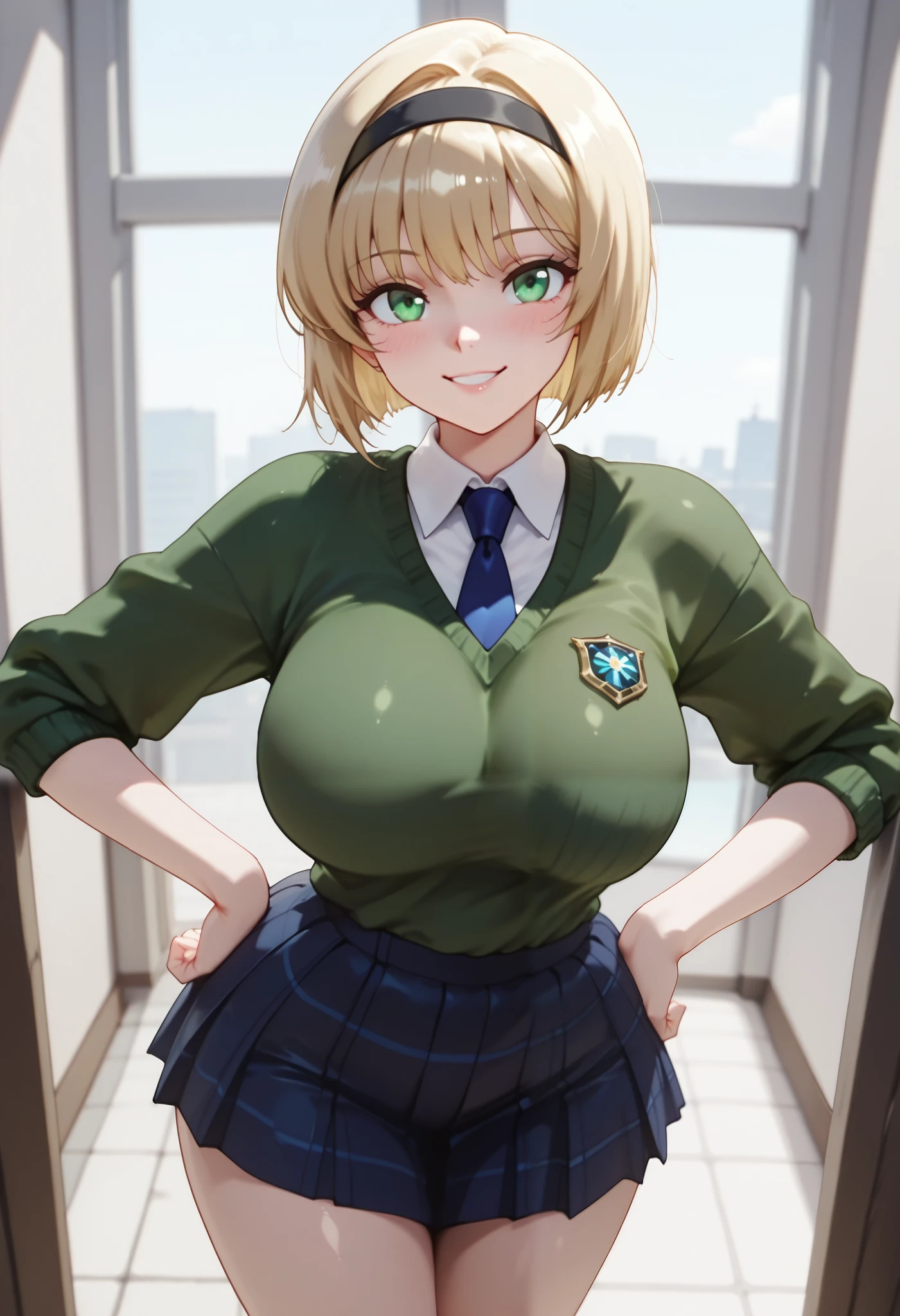 (dynamic angle, wide view, wide-angle lens, extremely detailed, CG, 8k Amazing, finely detail)), (intricate details, depth of field), 8k UHD, (masterpiece, best quality), ((amazing quality,very aesthetic,absurdres,best quality,newest, masterpiece)), ultra detailed, best quality, beautiful face, perfect anatomy, anatomically correct, athletic sexy body, Expressiveh, (cute face, cute body))), ((happy girl, proud to show her body)), ((((Miki H, blonde hair, bobcut, short hair,bangs, green eyes, black hairband, large breast, withe collared shirt, green sweater,blue necktie, sleeves rolled up, plaid pink skirt, white socks))), ((large breasts, slim sexy body, curvy hips, seductive pose, flirting, naughty face, blush)), (((looking at viewer, happy smile, joy, cowboy shot, dynamic pose)))), curvy, toned, athletic, standing, hands on hip, (((seductive pose, sexy pose, cowboy pose)), indoors,((hourglass figure)), ((pinup pose, seductive pose,dynamic pose, seductive), ((precise face and eyes:1)) , ((looking at back, full body shot, hourglass figure, wide hips)))), fantasy, outdoors, ((highly detailed, highres, 8k, uhd, High Dynamic Range, tonemapping, crisp details, intricate details, fine details)), ((highly detailed skin texture, finely detailed hair, perfect face, perfect body, perfect hair, perfect anatomy, portrait))