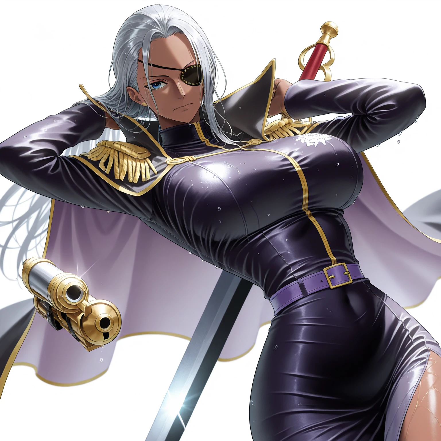 noi_dorohedoro, noi, muscular girl, huge chest, tall woman, priestess, martial art, modest, fully clothed, bent,, pants, cloak, priestess, holy, smile, coat, medieval, unmasked, nun, cloak,