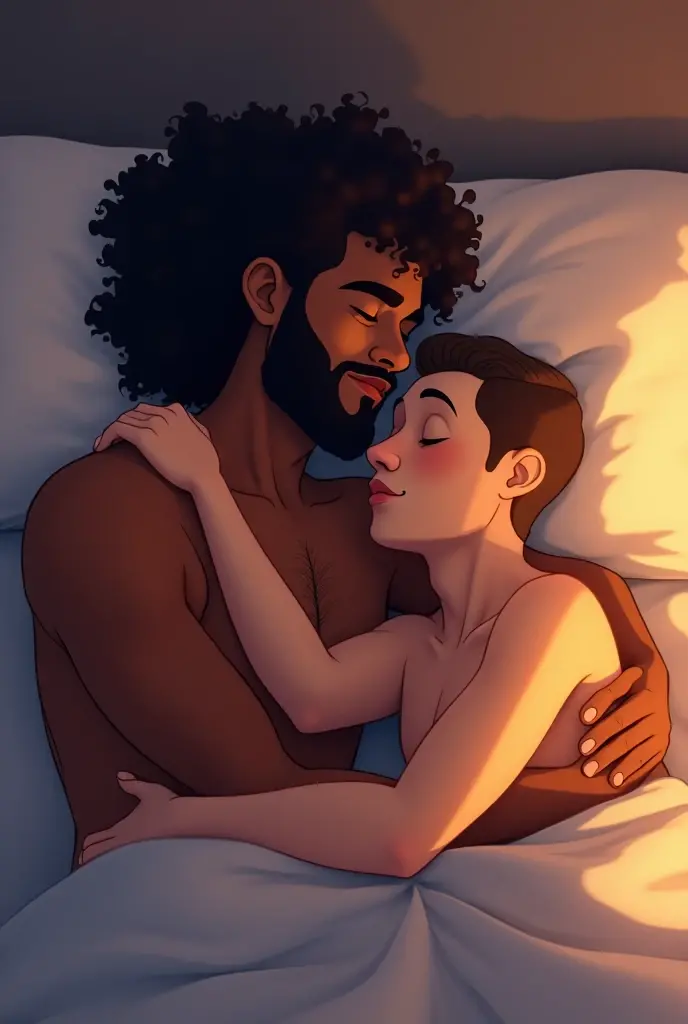 I want an animation of a homosexual and interracial couple. Represent a black man of 1,87 cm tall and 77 kg, with dark skin and long curly hair type 4a, medium ring, Mustache and goatee. the white man with short straight hair, height 1,73 cm and weight 71 kg. Both lying in bed, hugging.