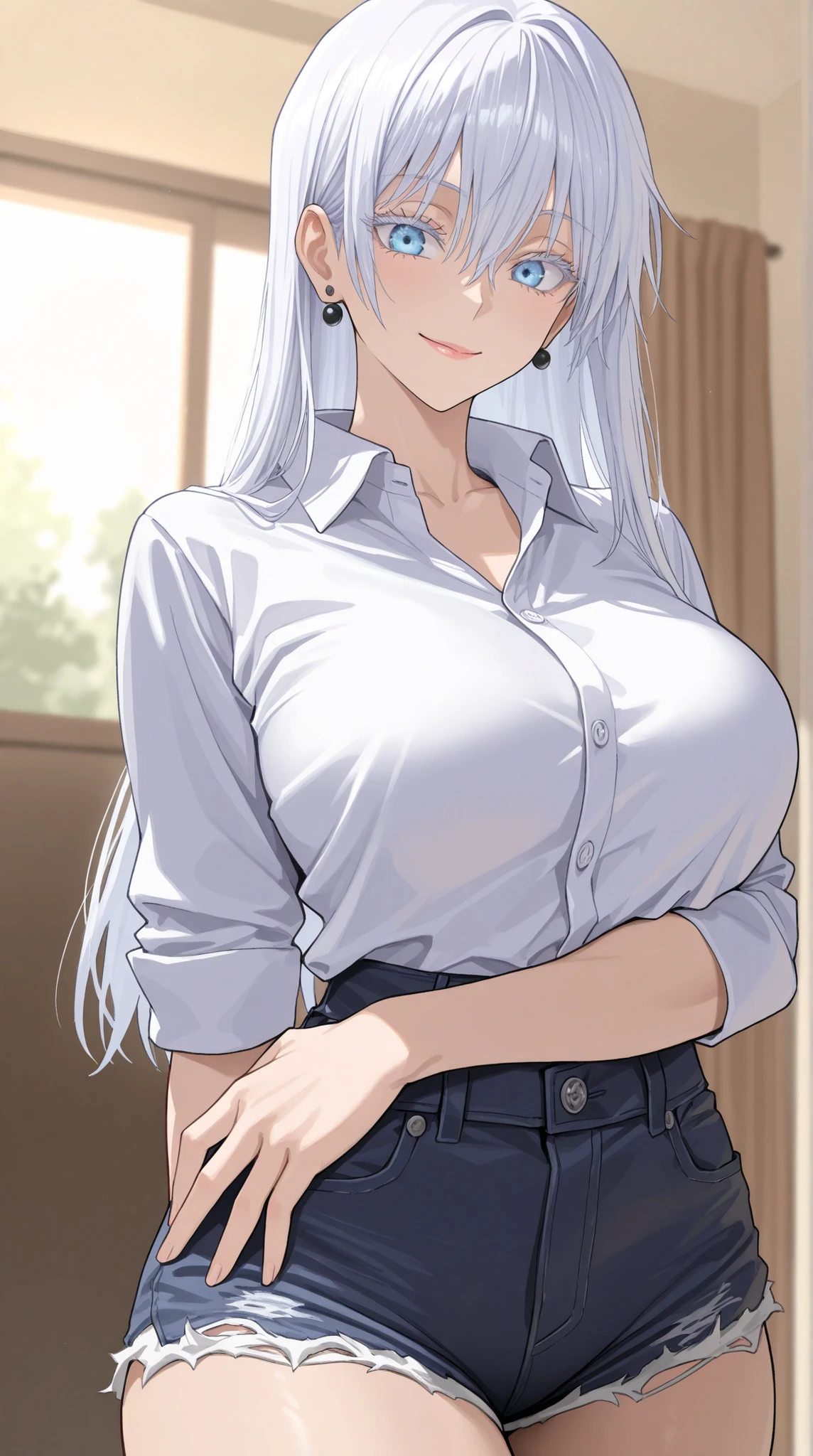 high school girl , beauty , Silver Hair , Huge breasts , (light blue panties:1.2) shrine , (Spread your legs:1.2) , (Are standing:1.2) , (Her shirt is unbuttoned and her light blue bra is visible:1.2)