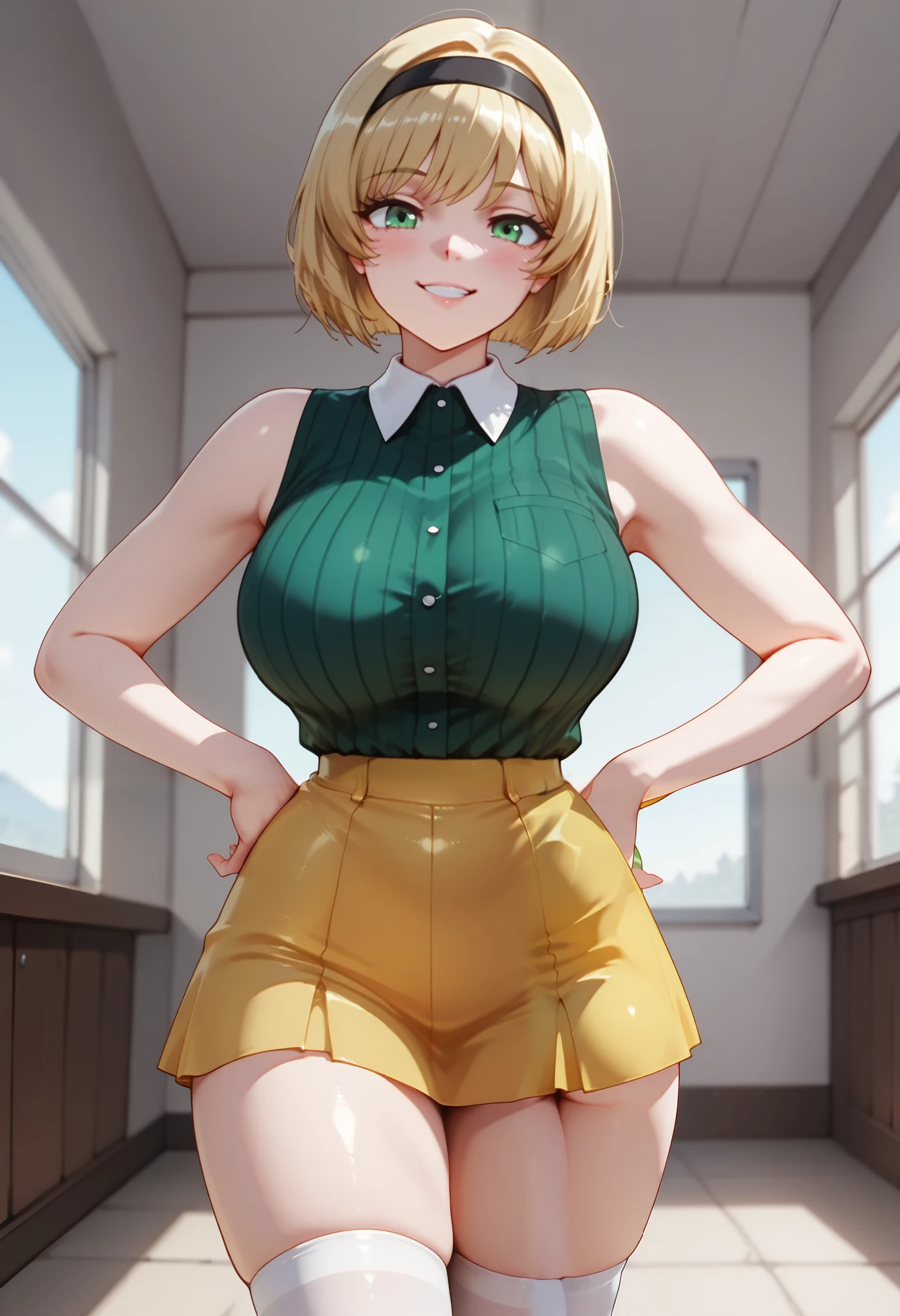 (dynamic angle, wide view, wide-angle lens, extremely detailed, CG, 8k Amazing, finely detail)), (intricate details, depth of field), 8k UHD, (masterpiece, best quality), ((amazing quality,very aesthetic,absurdres,best quality,newest, masterpiece)), ultra detailed, best quality, beautiful face, perfect anatomy, anatomically correct, athletic sexy body, Expressiveh, (cute face, cute body))), ((happy girl, proud to show her body)), ((((Miki H, blonde hair, bobcut, short hair,bangs, green eyes, black hairband, large breast, green striped shirt, sleeveless shirt, white collar, yellow miniskirt, white socks))), ((large breasts, slim sexy body, curvy hips, seductive pose, flirting, naughty face, blush)), (((looking at viewer, happy smile, joy, cowboy shot, dynamic pose)))), curvy, toned, athletic, standing, hands on hip, (((seductive pose, sexy pose, cowboy pose)), indoors,((hourglass figure)), ((pinup pose, seductive pose,dynamic pose, seductive), ((precise face and eyes:1)) , ((looking at back, full body shot, hourglass figure, wide hips)))), fantasy, outdoors, ((highly detailed, highres, 8k, uhd, High Dynamic Range, tonemapping, crisp details, intricate details, fine details)), ((highly detailed skin texture, finely detailed hair, perfect face, perfect body, perfect hair, perfect anatomy, portrait)),