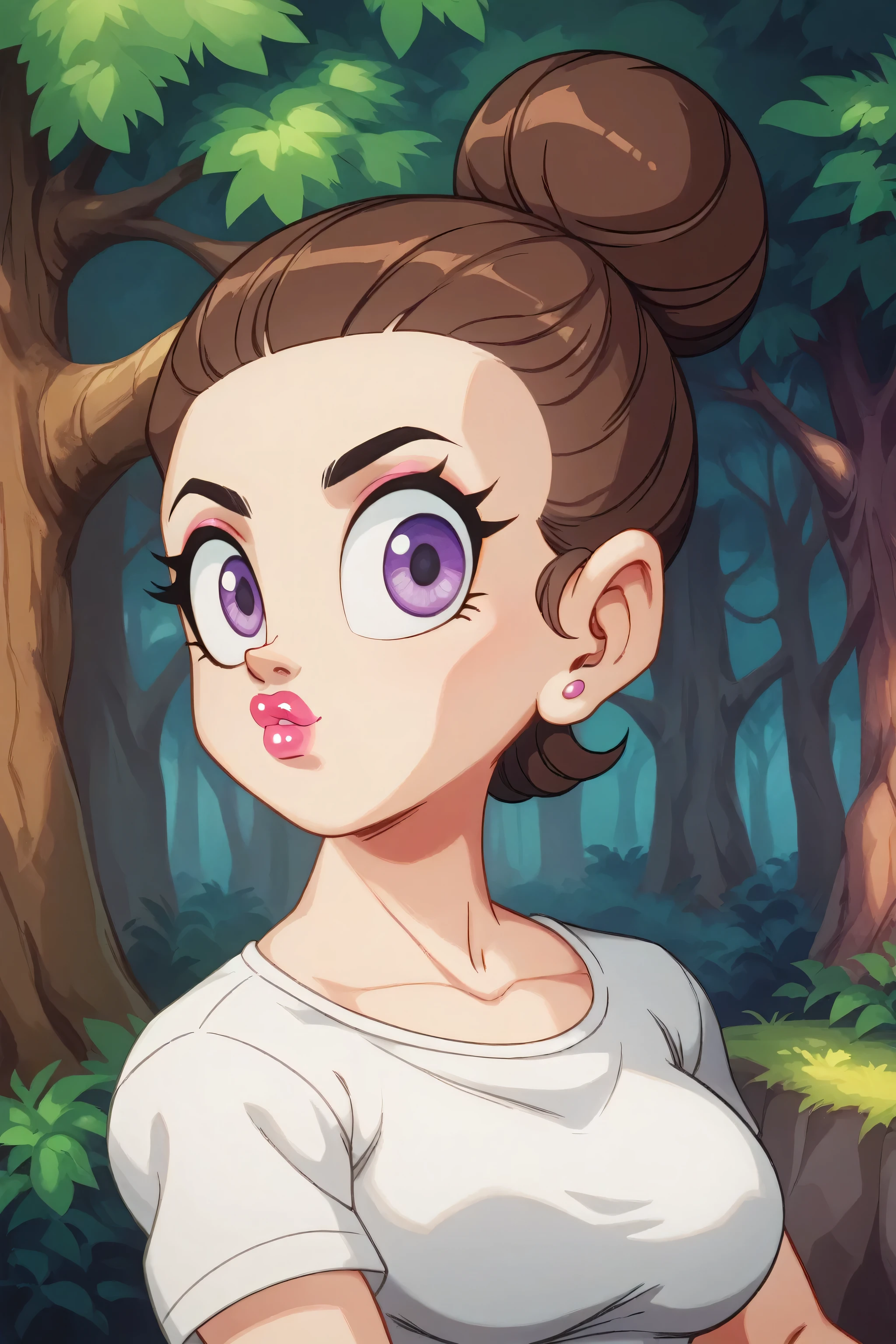 forest, 1girl, (perfect face:1.1), bun top knot hair, brown hair, black eyebrows, thin eyebrows, black eyeliners, big eyes, purple eyes, pink rouge, bright red lips, thick lips, v-neck shirt, white v-neck shirt, medium breasts