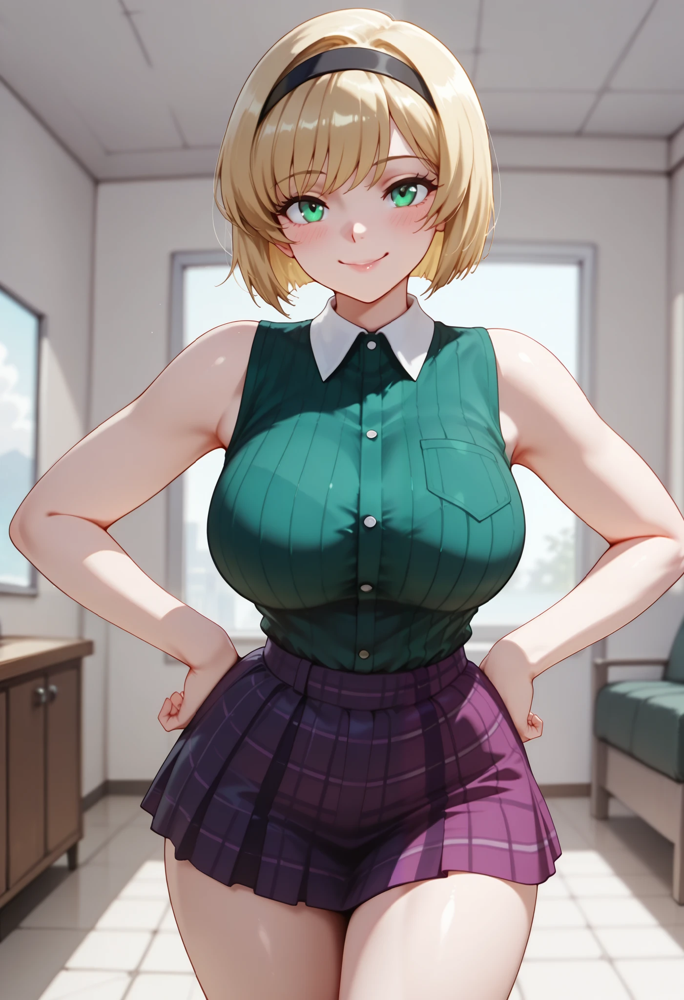(dynamic angle, wide view, wide-angle lens, extremely detailed, CG, 8k Amazing, finely detail)), (intricate details, depth of field), 8k UHD, (masterpiece, best quality), ((amazing quality,very aesthetic,absurdres,best quality,newest, masterpiece)), ultra detailed, best quality, beautiful face, perfect anatomy, anatomically correct, athletic sexy body, Expressiveh, (cute face, cute body))), ((happy girl, proud to show her body)), ((((Miki H, blonde hair, bobcut, short hair,bangs, green eyes, black hairband, large breast, green striped shirt, sleeveless shirt, white collar, plaid pink miniskirt, white socks))), ((large breasts, slim sexy body, curvy hips, seductive pose, flirting, naughty face, blush)), (((looking at viewer, happy smile, joy, cowboy shot, dynamic pose)))), curvy, toned, athletic, standing, hands on hip, (((seductive pose, sexy pose, cowboy pose)), indoors,((hourglass figure)), ((pinup pose, seductive pose,dynamic pose, seductive), ((precise face and eyes:1)) , ((looking at back, full body shot, hourglass figure, wide hips)))), fantasy, outdoors, ((highly detailed, highres, 8k, uhd, High Dynamic Range, tonemapping, crisp details, intricate details, fine details)), ((highly detailed skin texture, finely detailed hair, perfect face, perfect body, perfect hair, perfect anatomy, portrait)),