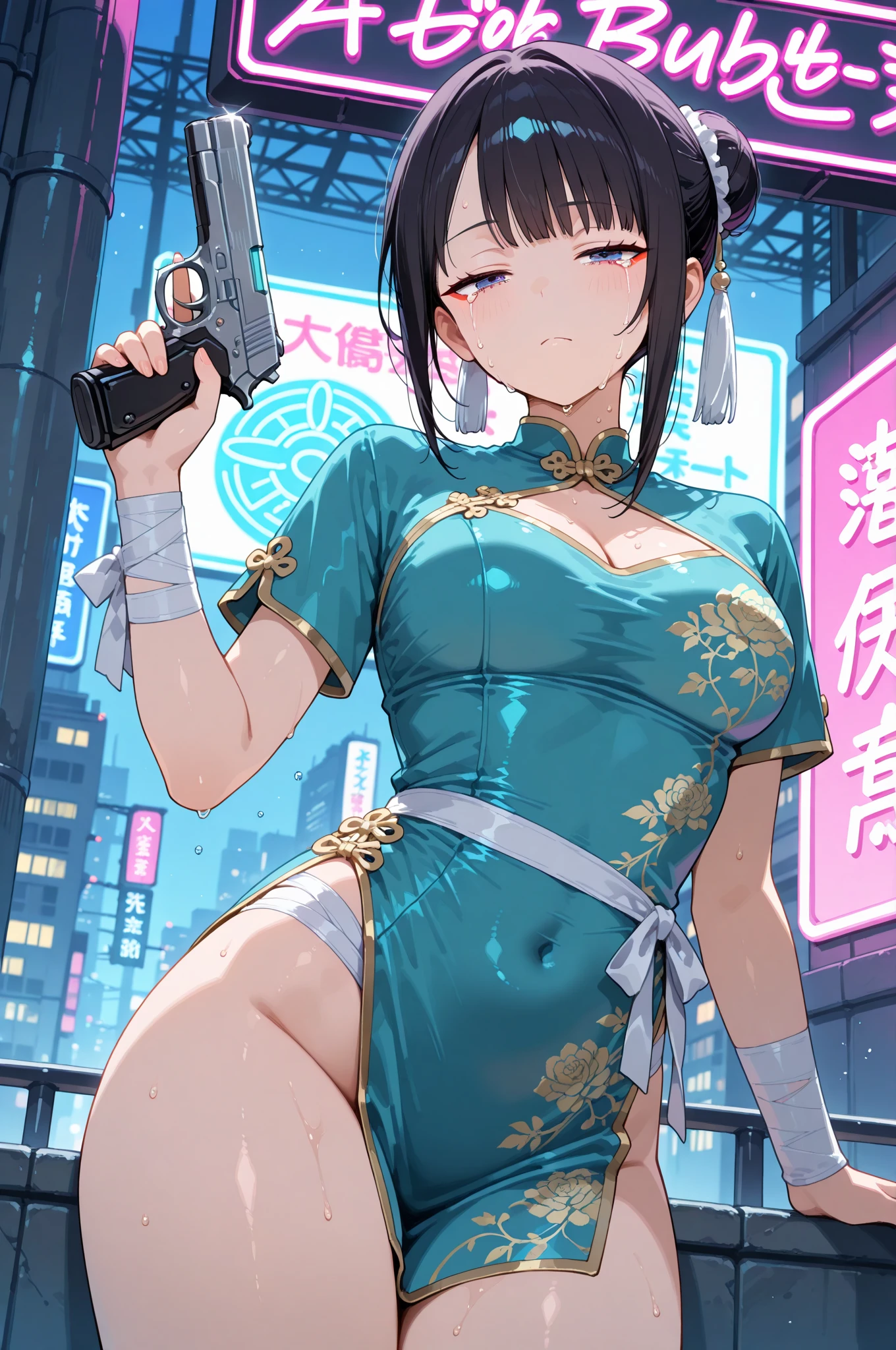 mother1, black hair, black eyes, earrings, jewelry, lipstick, makeup, mole under mouth, mature female, masterpiece, best quality, highly detailed, a anime girls in china dress with navel cutout holding a gun
posing for a picture, navel cutout, crop top, china dress, ecchi anime style, evil smile, open mouth,
smile, anime girls, ecchi style, ecchi, digital anime art!!, in anime style, official artwork, (nsfw) not safe
for work, beautiful anime girl, anime style 4 k, pelvic curtain, exposed belly, exposed navel, exposed
midriff, exposed lower belly, holding a gun, chinatown, outdoor,street,road,
