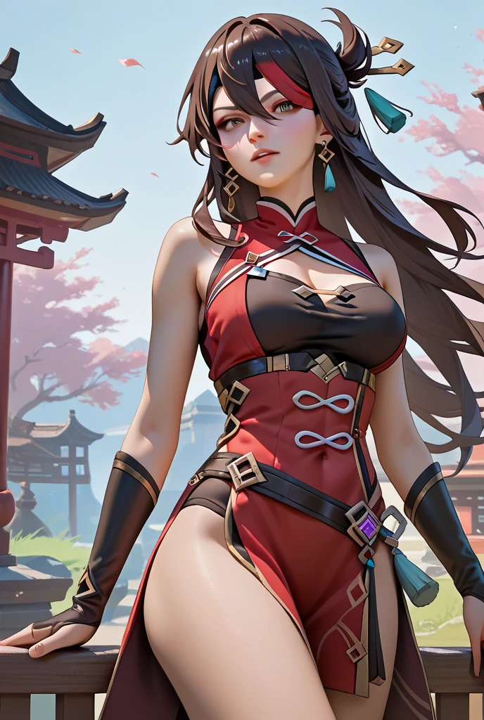 mai shiranui, Brown eyes, The whole body is reflected,Toes are visible,  Standing, Full body, Prestige, Long hair, Brown hair, White ribbon, Sleeveless, poneyTail, sash, pelvis curtain, arm guards, mitts, tabi, fascinated expression, Sexy eyes, medium breasts, Smile, Cute, view the viewer, Long hair, Close to Japan temple, (breasts focus:1.2), (Realistic:1.2), (Full Shot: 1.2), (Realism), (masutepiece:1.2), (Best Quality), (ultra-detailliert), (8K, 4K, Convoluted), (85 mm), light Particle, Lighting, (Highly detailed:1.2), (Detailed face:1.2), (gradients), SFV, Colorful, (Detailed eyes:1.2), (Detailed temples of Japan: 1.2),(Detailed background), (Dynamic Angle:1.2), (Dynamic Pose:1.2), (Line of action:1.2), Wide Shot, Daylight, Solo.
