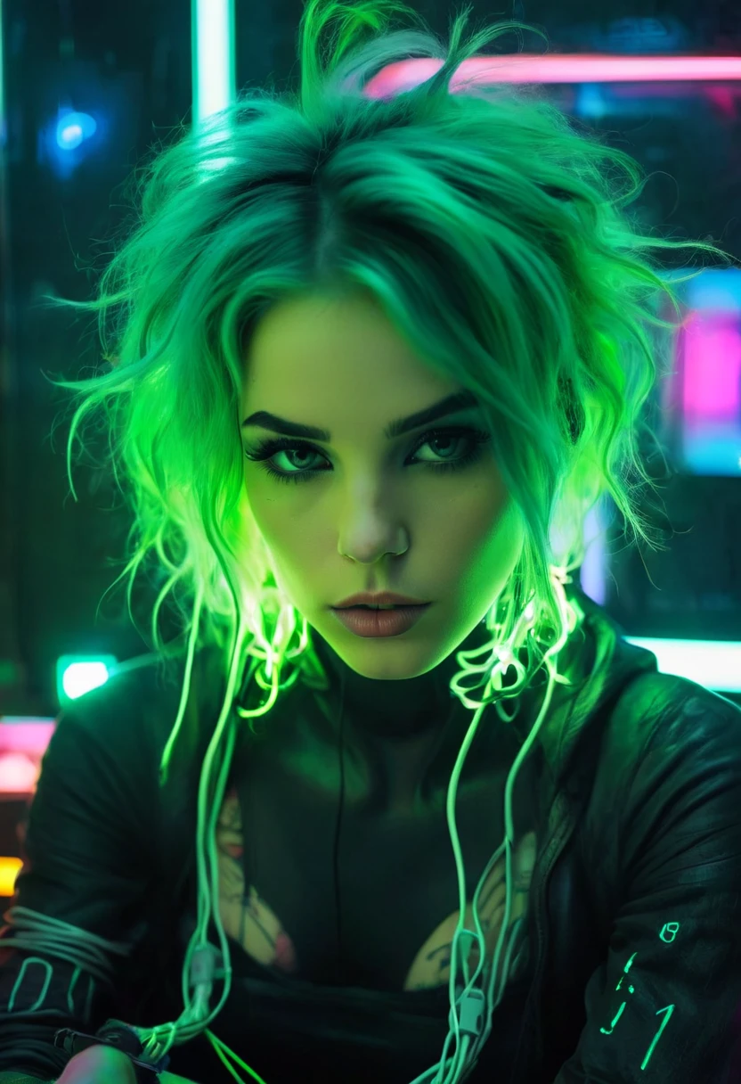 cyberpunk ultra hot gorgeous European woman. Age 23. Large breast. Cleavage with neon green hair, walking through a rain-soaked alley, her silhouette outlined by the vibrant neon signs of a futuristic cityscape, 8k resolution, photorealistic, cinematic lighting.