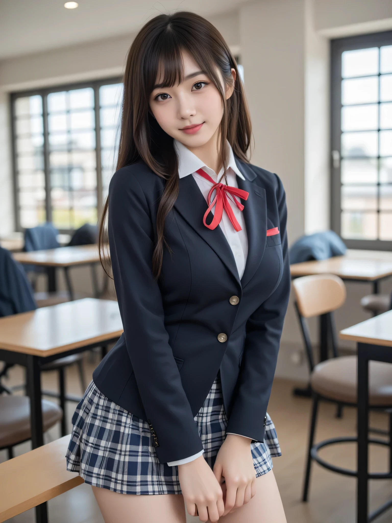 japanese cute idol, Japanese cute girl, kawaii, a pretty woman is posing at the school class room , 1girl, solo, realistic, smile, school uniform, long hair, black hair, nsfw, masterpiece, best quality, hyper detailed, insanely detailed, 16k, japanese , cute, kawaii, photorealistic, Realism, raw photo, real person , 1girl, solo, black hair, long hair, breasts,POV