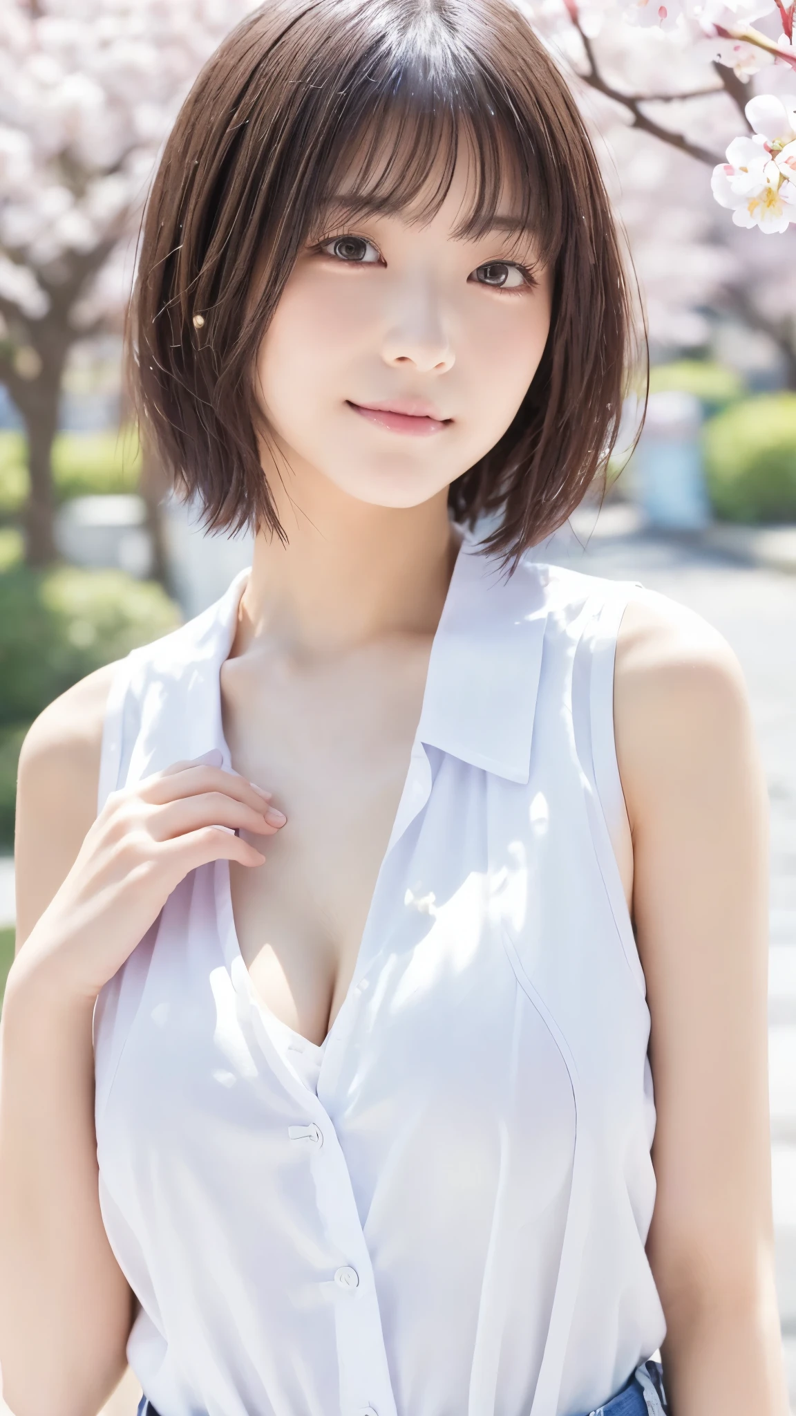 (highest quality、8K、32K、masterpiece、nffsw:1.2)、photo of cute japanese woman、very short bobbed hair、Upper body、necklace、shot from above、Don'Don'don't look at the audience、(realistic、Photoreal:1.37)、1 girl、Shot in natural light、Physically based rendering、excellent image quality、High resolution、1080P、(Detailed facial description)、(Detailed explanation of hands)、(Detailed CG)、Rich details、(exquisite features)、(best image quality)、(masterpiece)、(fine eyes)、delicate clavicle、Versatile poses、profile、white wall、Taken in front of the white door、(窓のあるwhite wallの部屋)、earrings、laughter、Spring clothes、 shortcut、short hair、((white blouse))、((highlights hair))、((Put a mesh in the hair))、((blonde and dark brown hair colors))big breasts, wet body, sweaty, raise your arms, smile, Gym, Highly detailed face and skin texture、