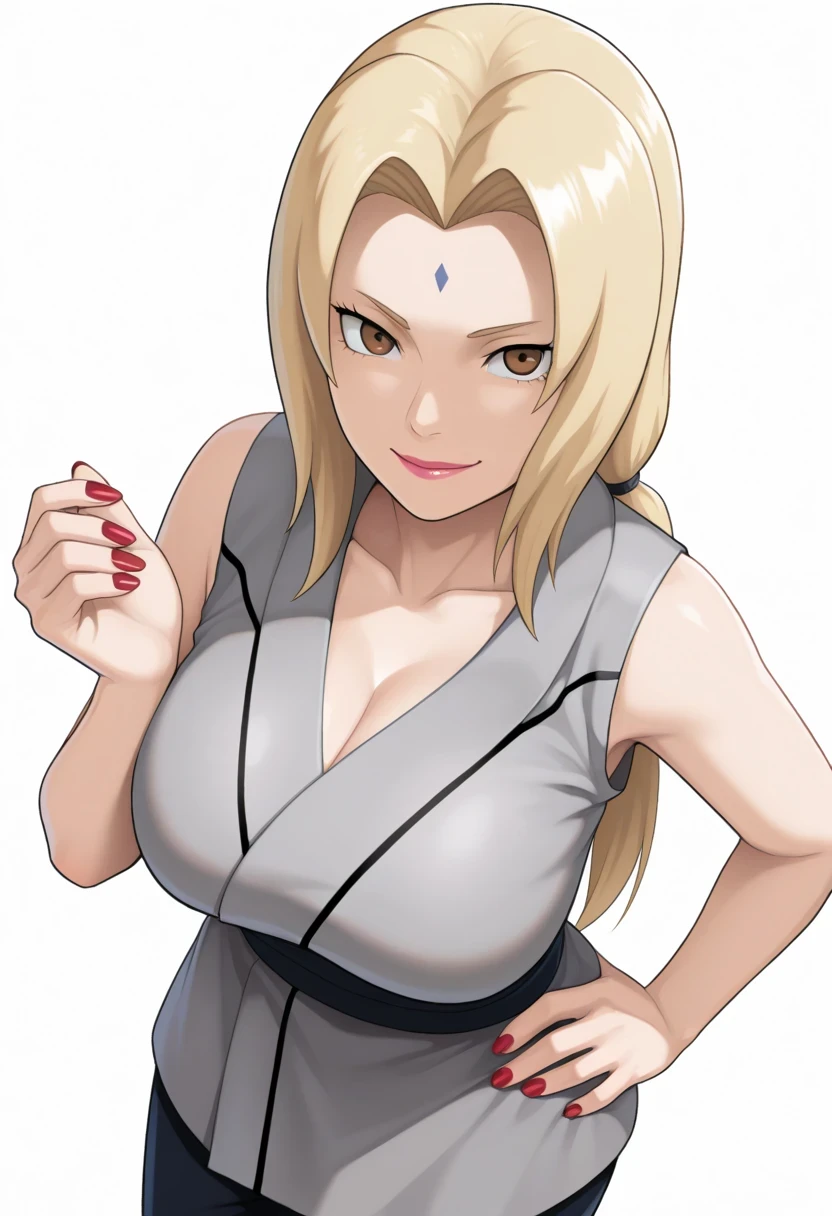 masterpiece,better quality, cg game,
Dutch angle, from above, hand on the hip, nails, hand up, squeezed her hand,
ttssuu,a girl,Alone ,blond hair, forehead mark,lipstick,brown eyes,watching the spectator,
long hair, low pigtails,
gray kimono,sleeveless kimono,Wad of bills,
pants,
big breasts, neckline,
smile, serious,
simple background, White background,