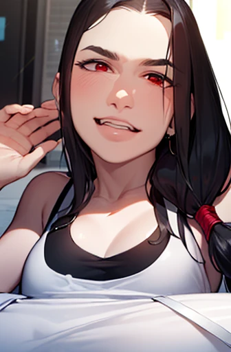 Sweating, D.va, blood everywhere, D.va covered in blood, beach, looking at viewer pissed, side view,