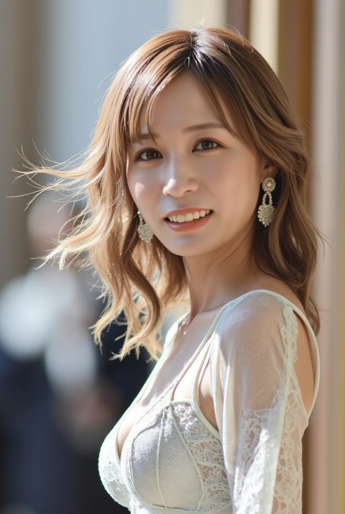 High resolution symmetrical images, (Breast Goddess, Woman born from flowers, ((round face)), Realistic Eye Size, droopy eyes, smile, small breasts, (unbuttoned shirt, Jacket), (((large swollen areolas,, nipple))), (close up chest, armpit, 胸のangle from below), blonde braids, short hair, ((art nouveau)), (ecstasy face), (Alphonse Mucha), small earrings, ((on the road, wood, Buildings in medieval Europe)), angle from below、(anatomically correct)、(perfect body proportions)、(Natural Hands、natural fingers)