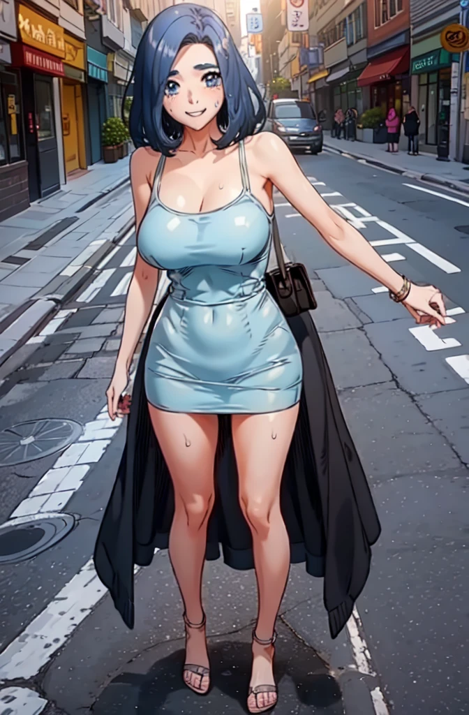 Blue curly hair. Deep dark and energetic coffee eyes. She wears a floral stamped dress with a leather jacket. He combined his outfit with combat boots, big ass, big boobs, 