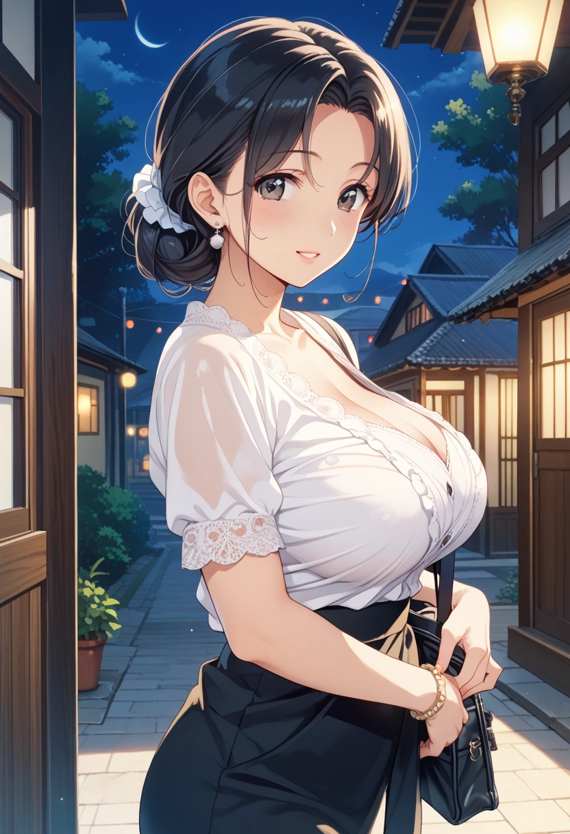 1girl,upper body,a cute cat lying on the head of the girl,masterpiece, best quality, highres, 4k, 8k, intricate detail, cinematic lighting, amazing quality, amazing shading, soft lighting, Detailed Illustration, anime style, wallpaper,,alcina_dimitrescu(resident evil), 1girl, black hair, short hair, yellow_eyes, red_lips,black_hat, earrings,huge_breasts, jewelry, long_dress, black gloves, long sleeves, pearl earrings, sun hat, white_dress,,in an amusement_park,glowing stardust frontground,fantasy,sparkling,fireflies
