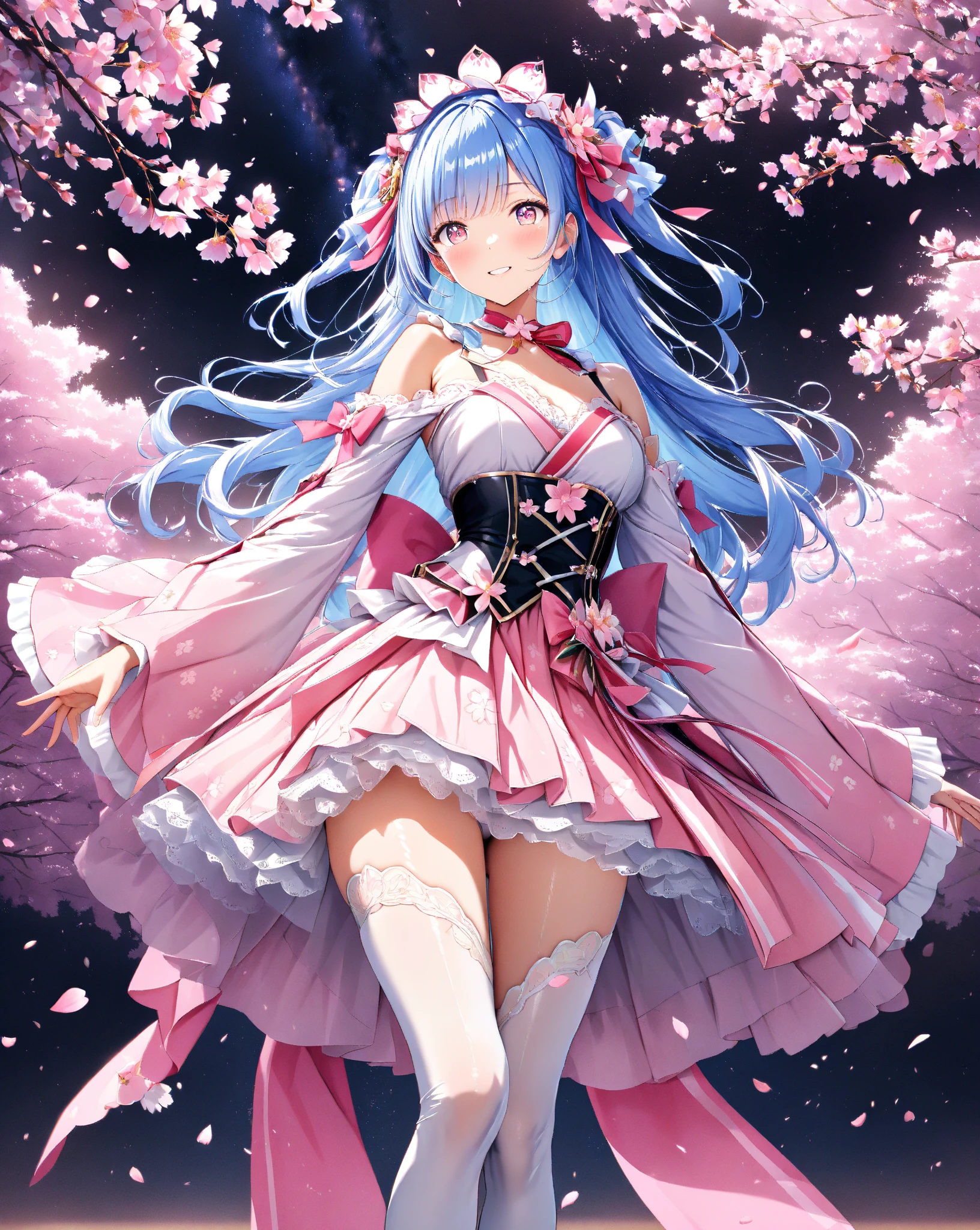 masterpiece, best quality, illustration, 1girl, solo, ganyu \(genshin impact\), Purple eyes, long hair, light blue hair that ends in shades of darker blue, long ponytail, Brownish horns with red engravings, turn backwards, alternate costume, maid headband, sharp eyes, (vivid color), light, thick smoke:1.6, (floating white ink:1.8), Cyan flame, (beautiful and clear background:1.25), (depth of field:0.7), Dreamlike, (highres:1.2), (ultra-detailed:1.2), (extremely detailed CG unity 8k wallpaper:1.2), (traditional media), (sketch:1.1), finely detailed beautiful eyes and detailed face, Knives, (flying petals:1.2), blue roses, Knifefight, dynamic colors, colorful, dynamic pose, dynamic angle, (full body:1.3), Touhou, knife, holding Knives, medium breasts, (detailed eyes), cute, beauty, HDR, 4K, nier anime style, harmony, fighting stance